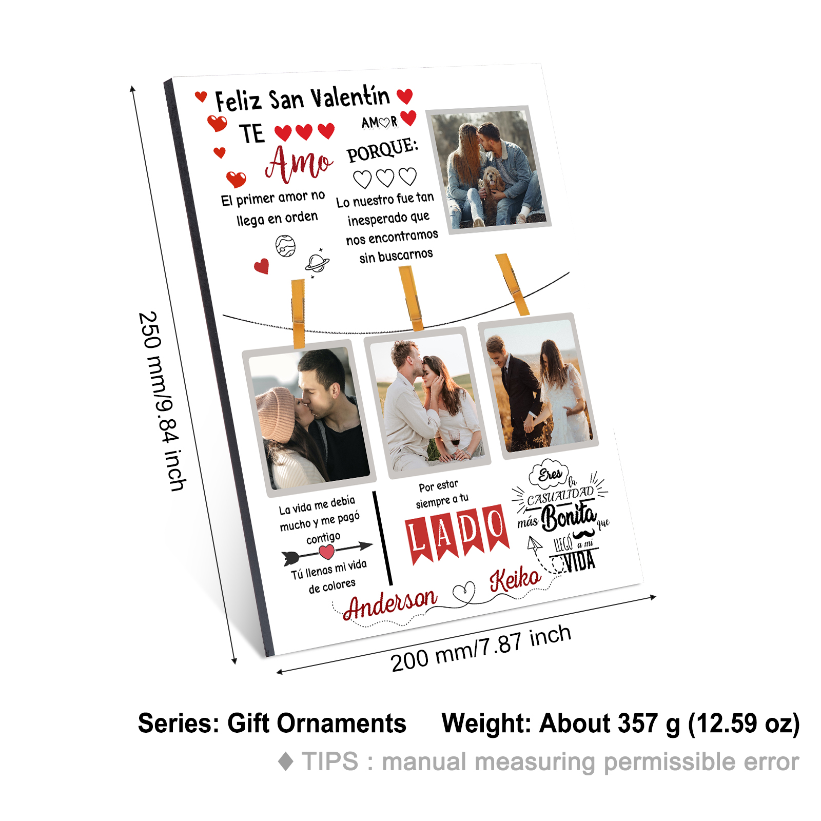 San Valentín-Lámina marco de madera para pareja personalizado con 2 nombres y 4 fotos-Jessemade ES