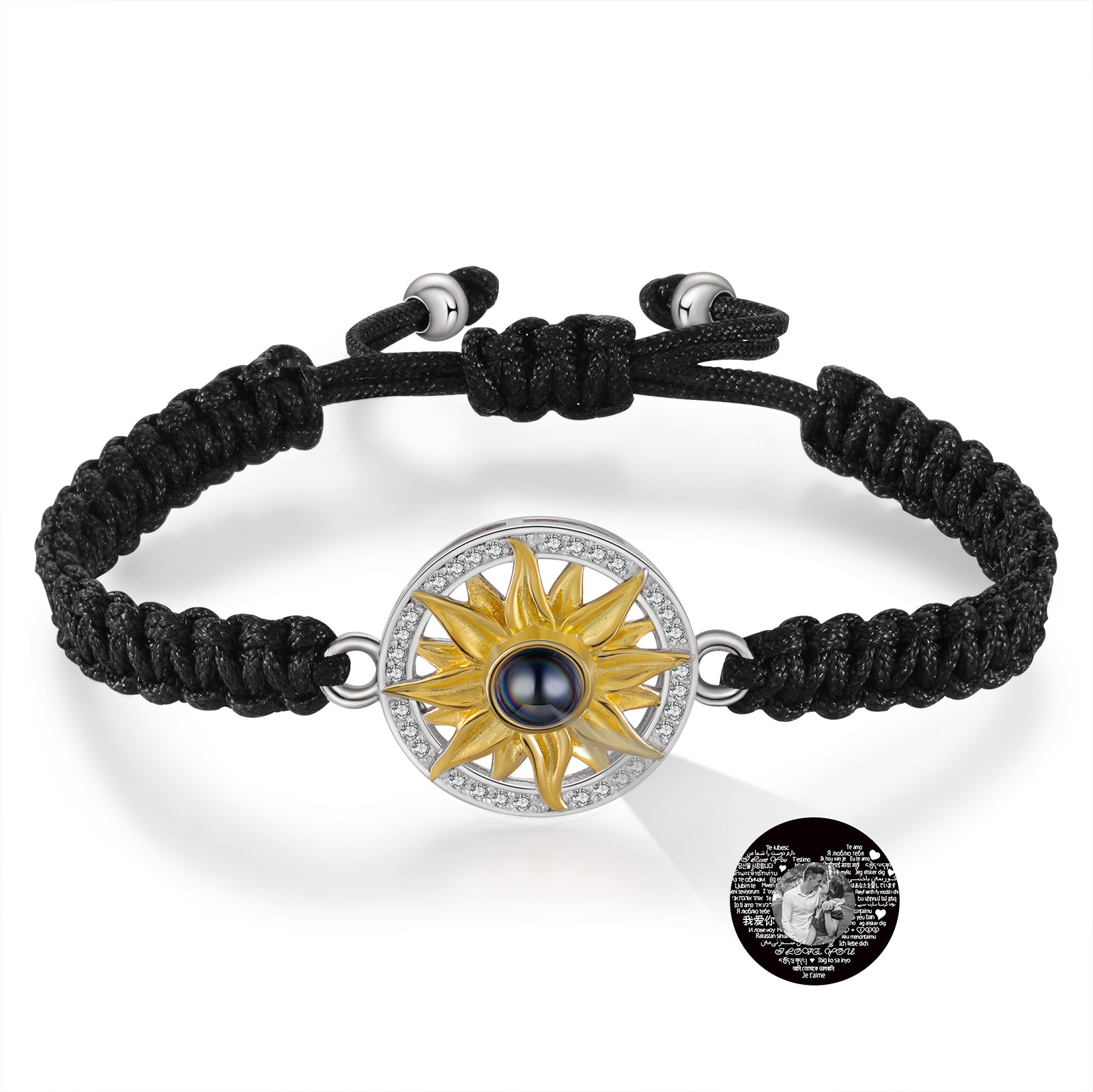 Pulsera con proyección de foto con dije de girasol cuerda negra-Jessemade ES