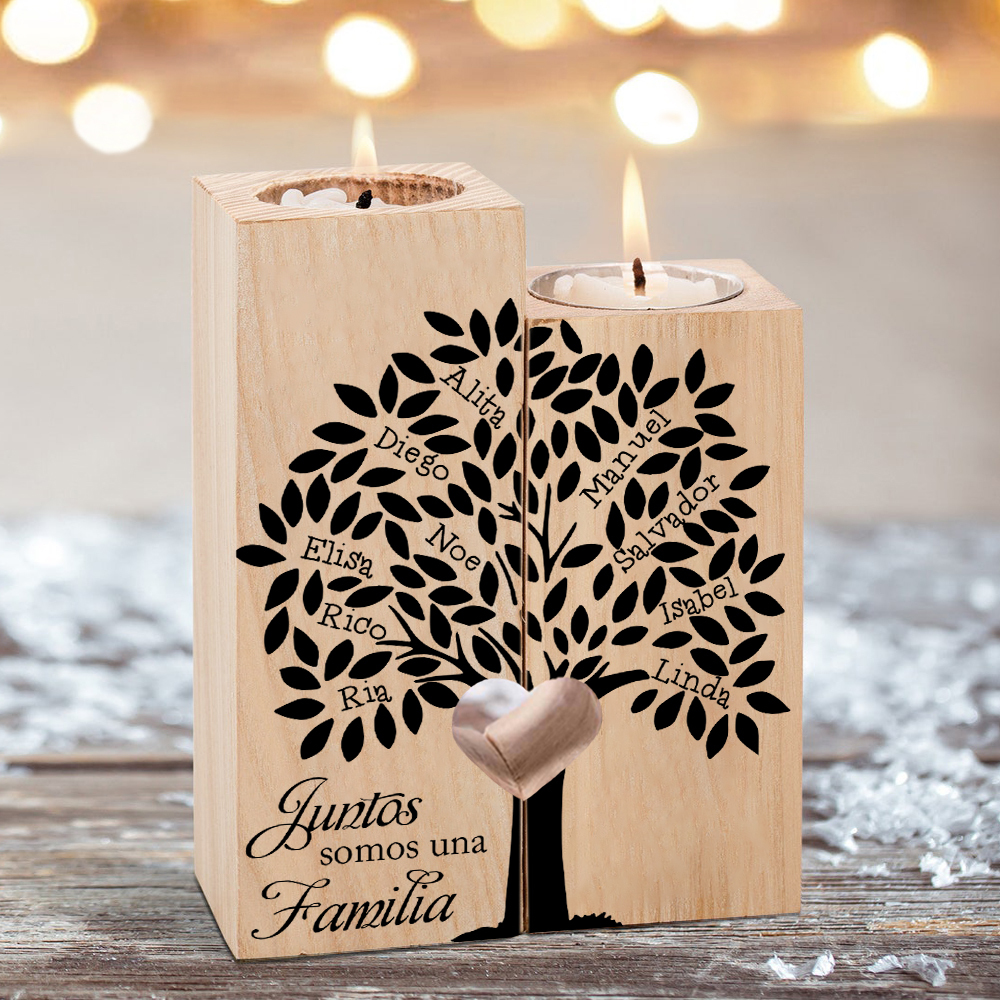 A la familia-Candelero de árbol de la vida de madera personalizado con 2-10 nombres y 1 texto sin vela-Jessemade ES