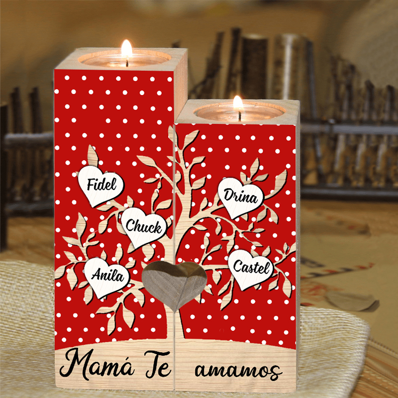 A la familia-Candelero de árbol de la vida de madera personalizado con 3-8 nombres y 1 texto sin vela-Jessemade ES