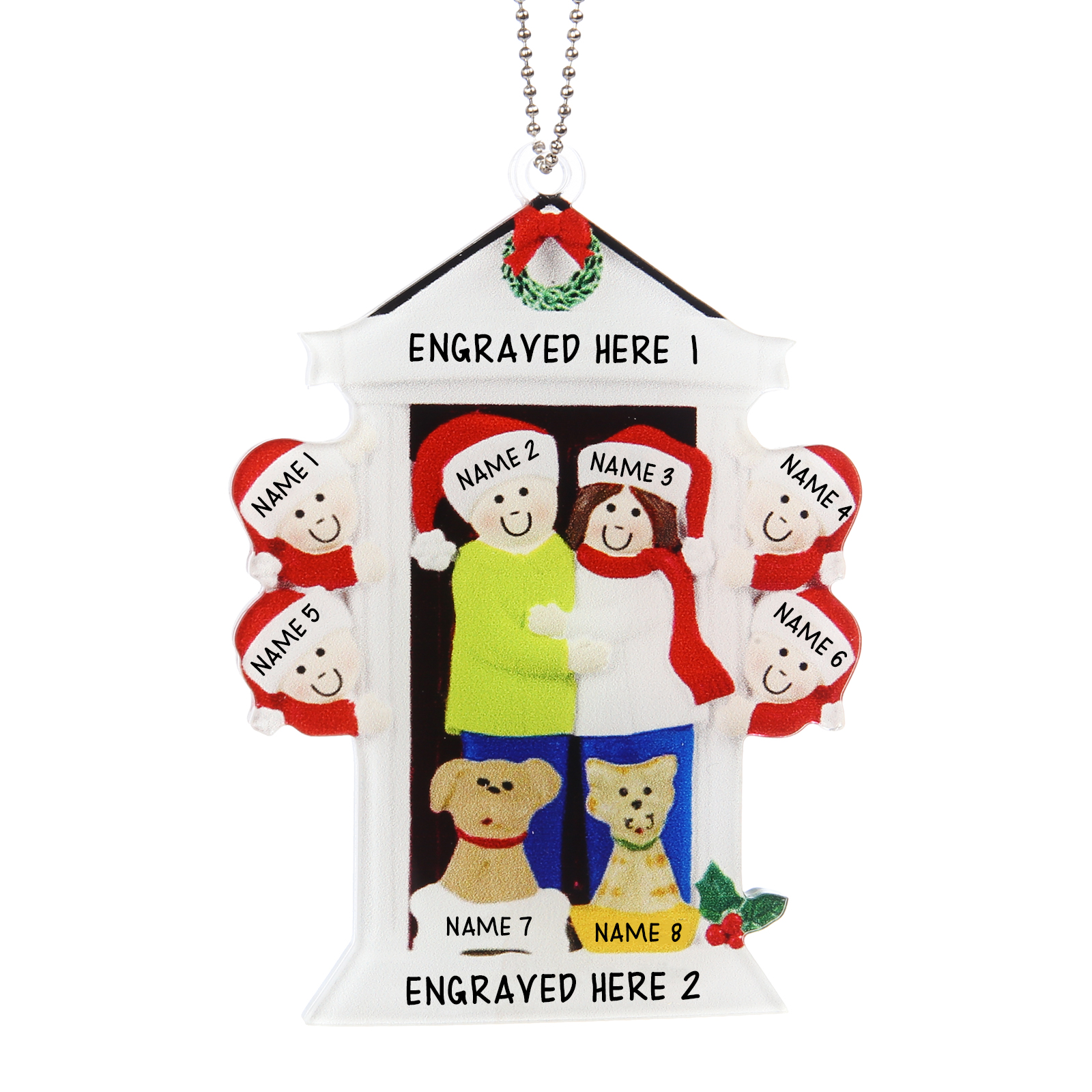 Navidad-Ornamentos Navideños de Acrílico Familia en Puerta con Perro y Gato 8 Nombres Personalizados con 2 Textos-Jessemade ES