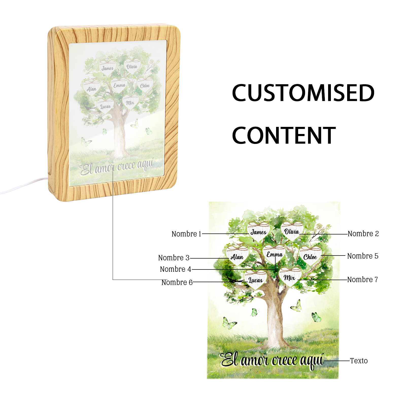 Marco/Espejo con LED Multifuncional Árbol de la Vida 2-8 Nombres Personalizados con 1 Texto-Jessemade ES