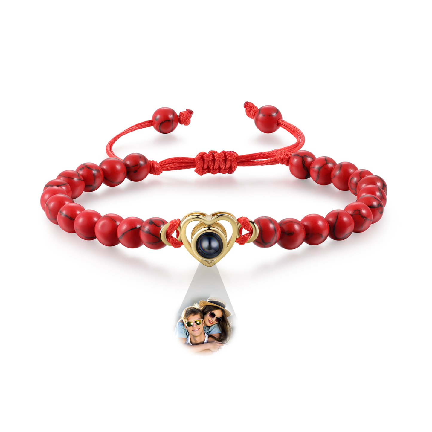 Pulsera de turquesa roja sintética con proyección de foto en color con dije de corazón pulsera ajustable-Jessemade ES