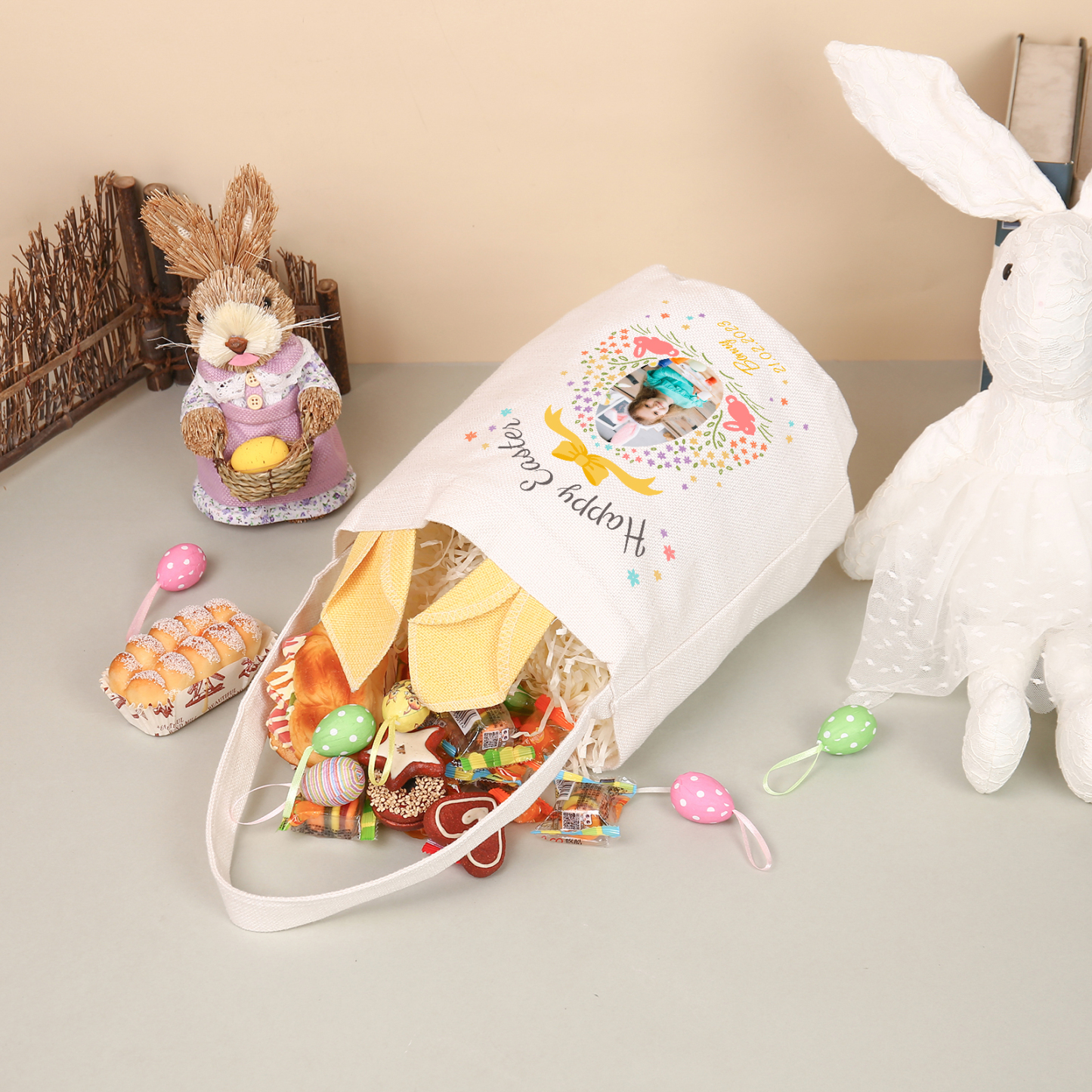 Pascua-Bolsa de conejo con 1 nombre, 1 texto, 1 fecha y 1 foto personalizados-Jessemade ES