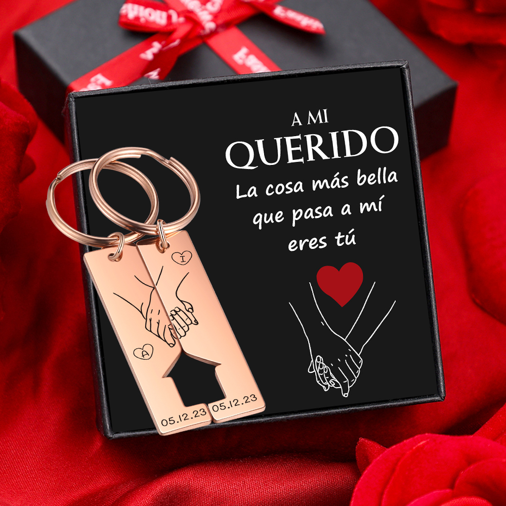 A mi querido-Llavero con casa encajada para pareja manos cogidas 2 letras personalizadas con fecha-Jessemade ES