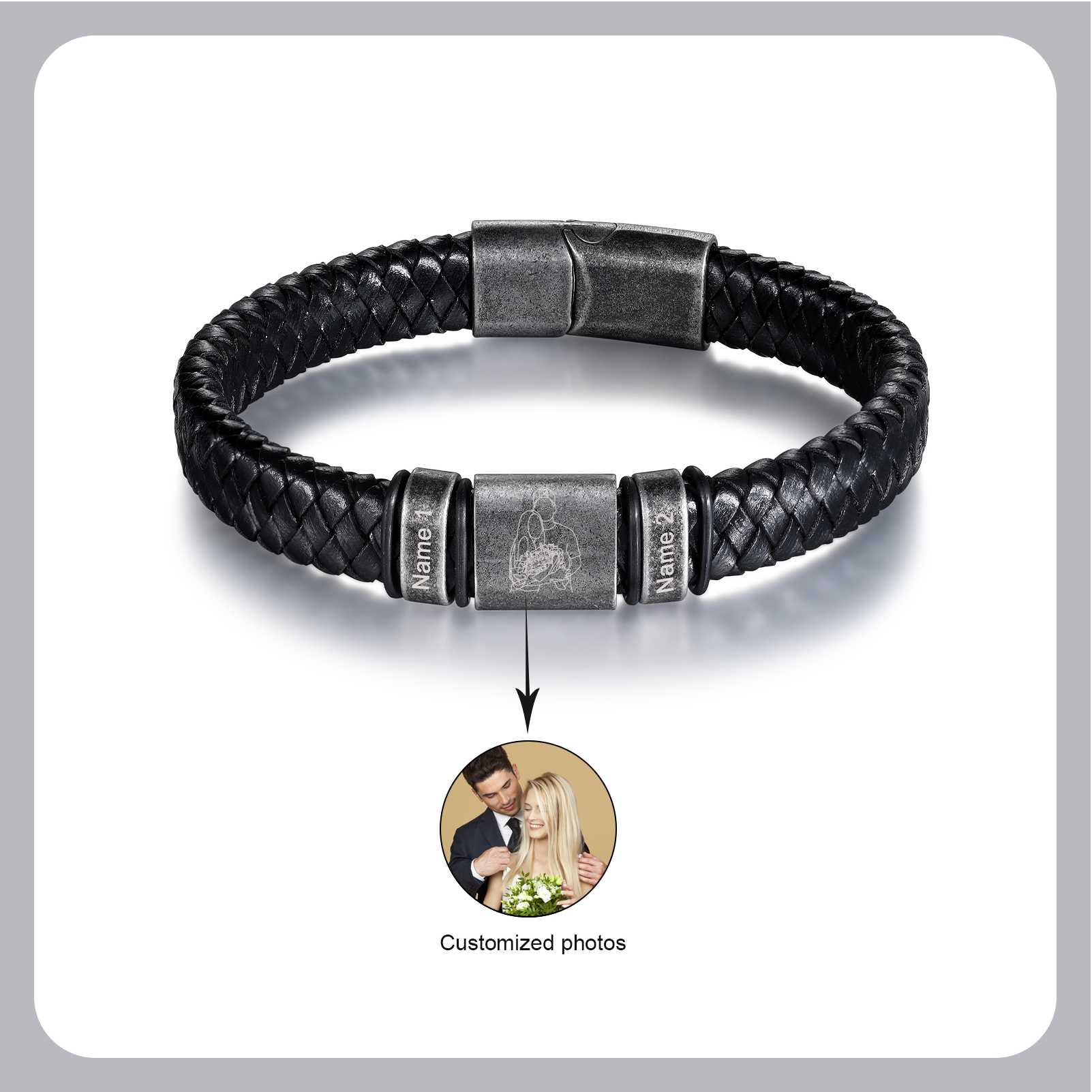 Pulsera 2-5 Nombres en Aros y Foto en Placa Personalizados de Cuero Trenzado