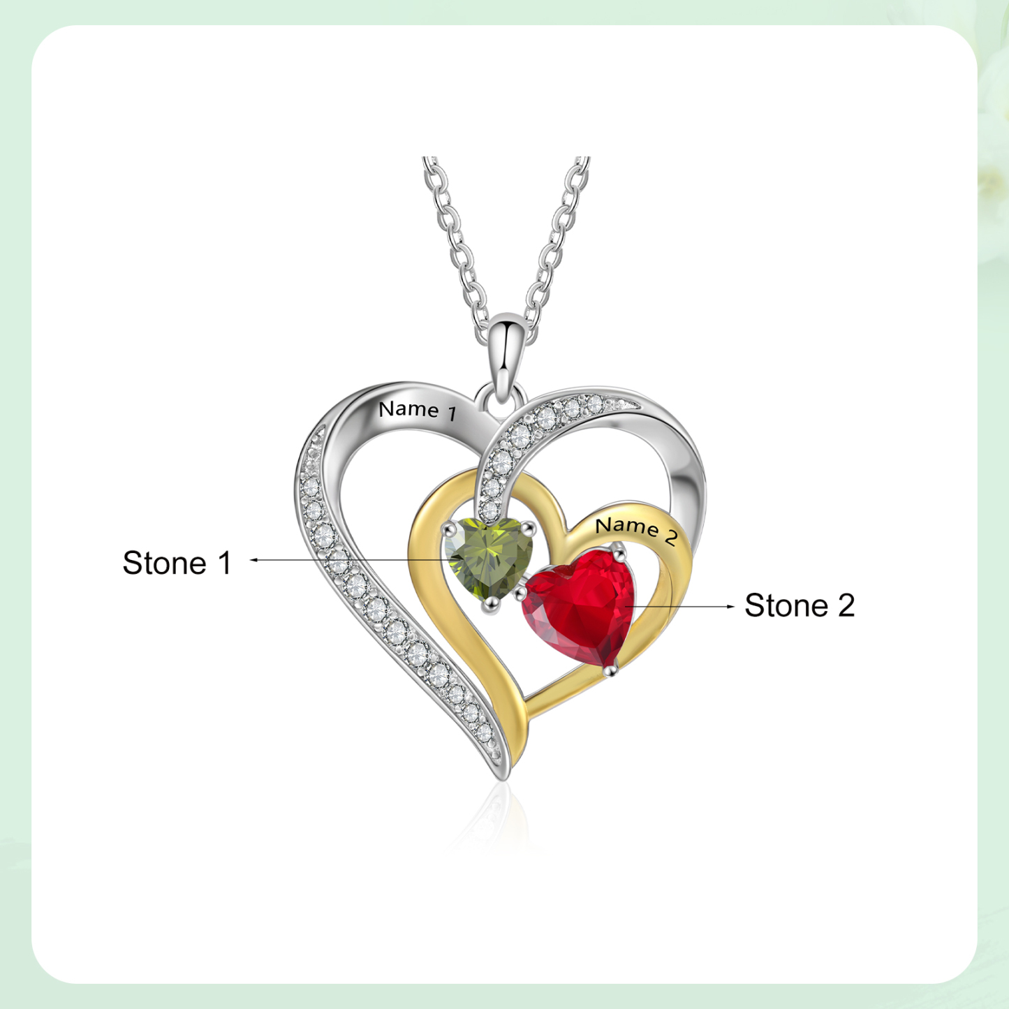 Collar corazón con 2 nombres y 2 piedras de nacimiento personalizados-Jessemade ES