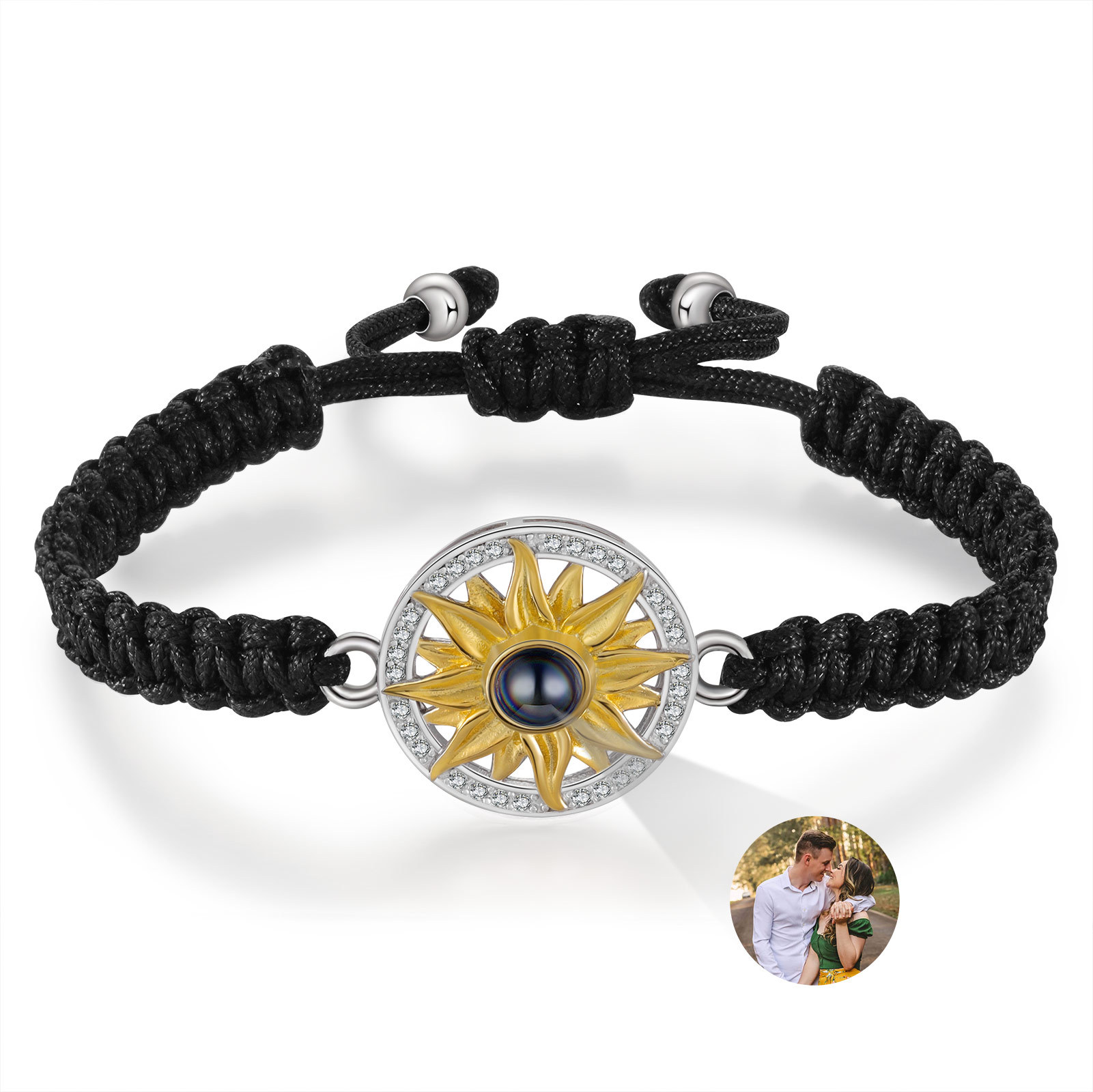Pulsera con proyección de foto con dije de girasol cuerda negra-Jessemade ES