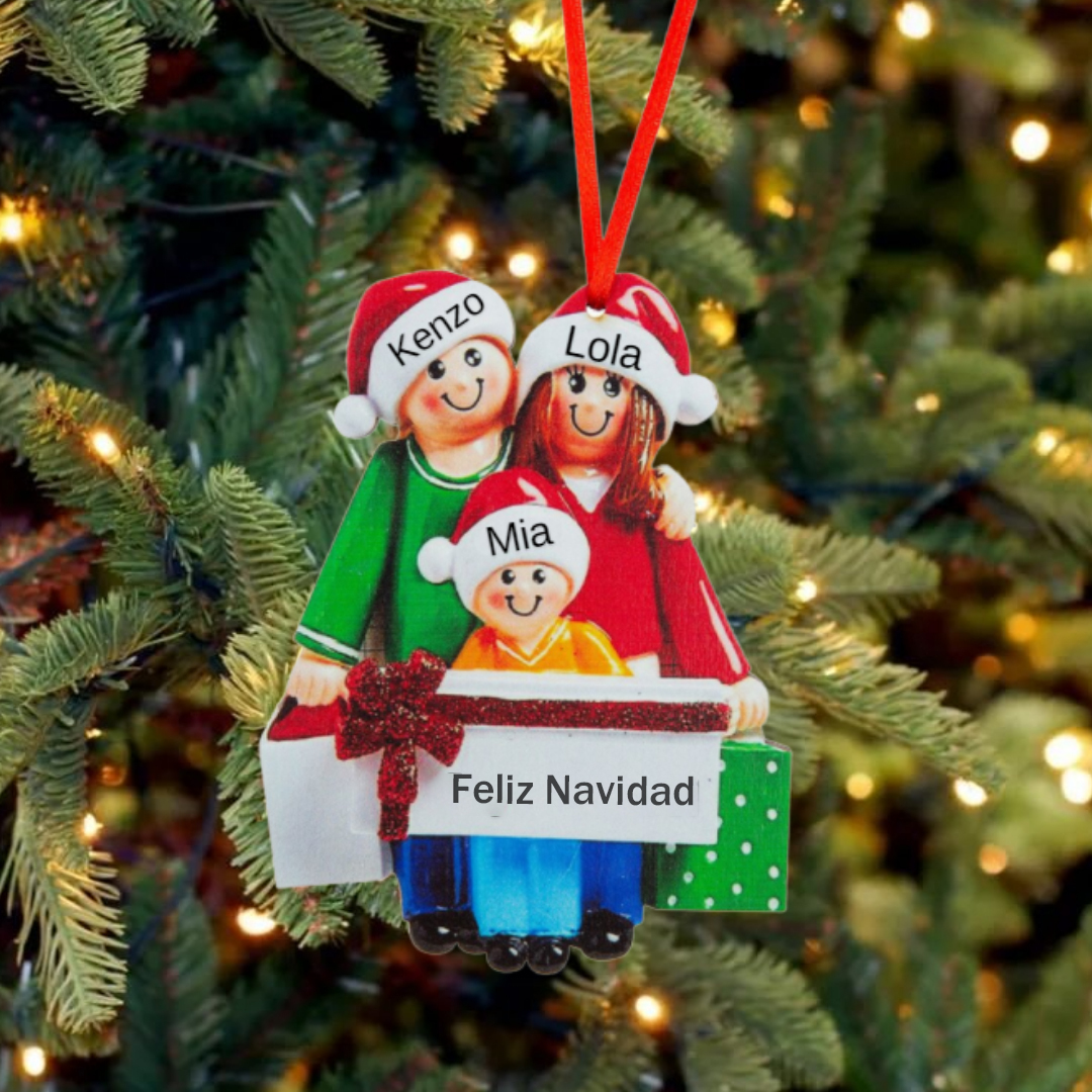Muñeco Ornamento Navideño 3 Nombres y Texto Personalizados Adorno de Madera