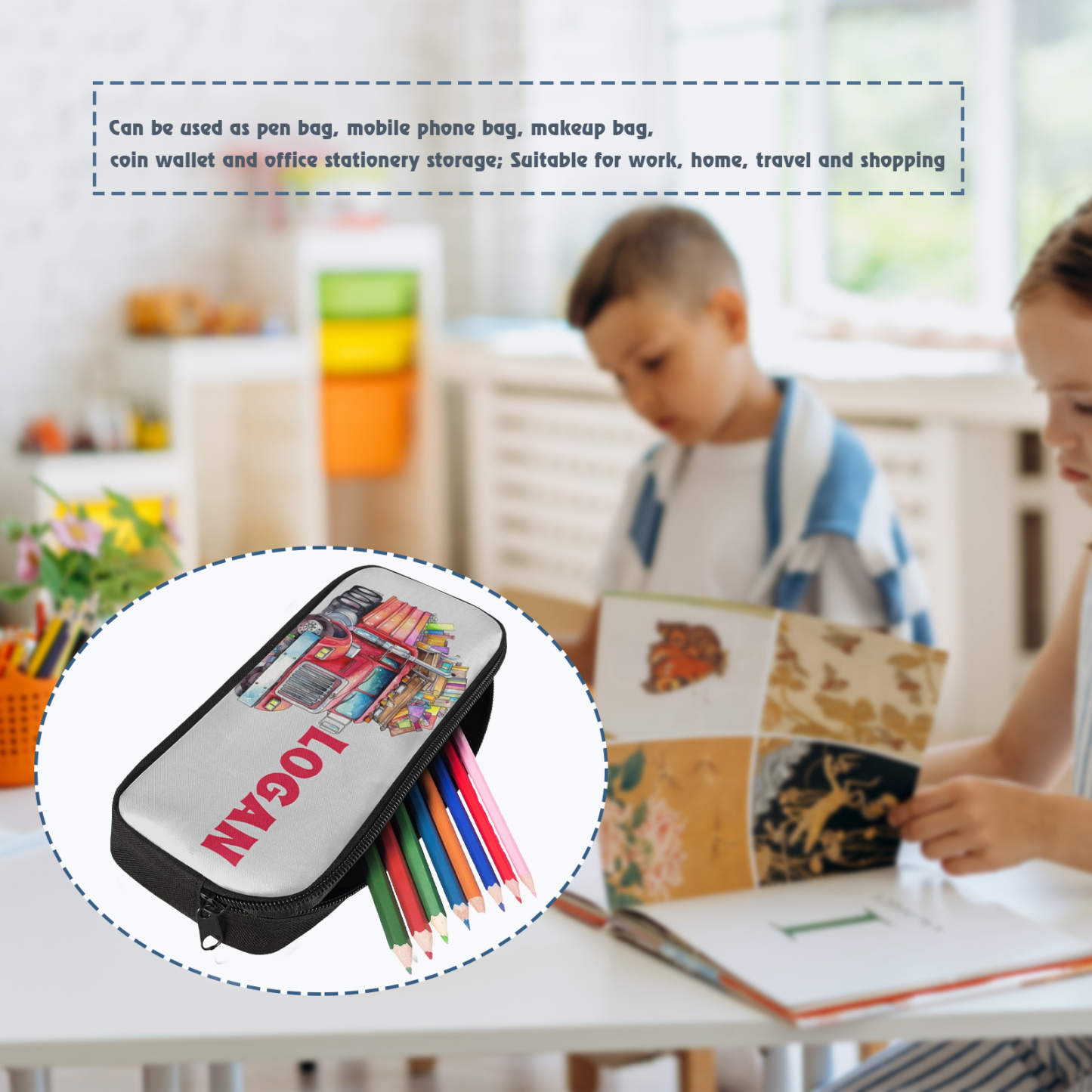 Estuche personalizado con nombre con diseños coloridos de coches/cars para niños