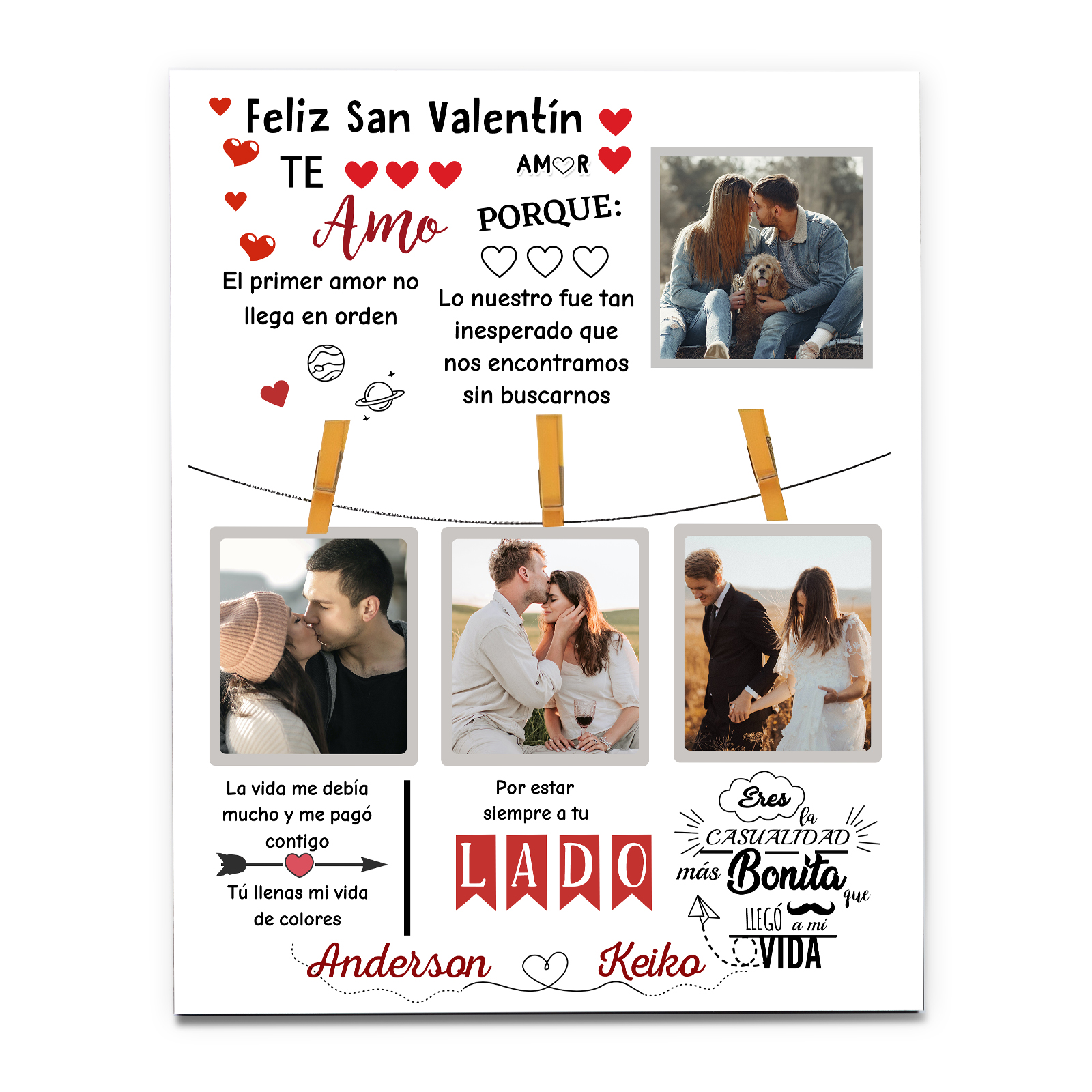 San Valentín-Lámina marco de madera para pareja personalizado con 2 nombres y 4 fotos-Jessemade ES