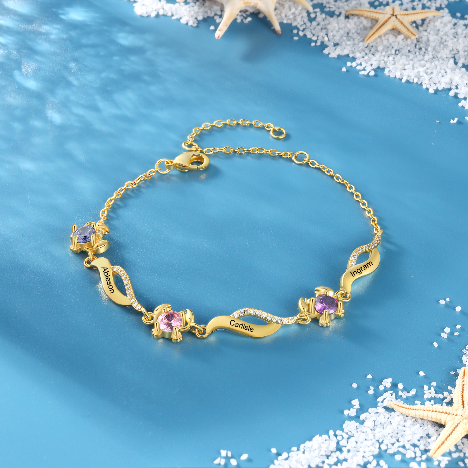 Pulsera con dije de cangrejo para mujer personalizada con 3 nombres y 3 piedras de nacimiento-Jessemade ES