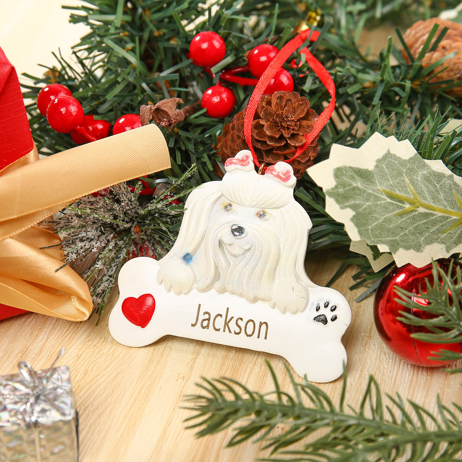 Navidad-Ornamento navideño de resina mascota perro Bichón maltés 1 nombre personalizado adorno del árbol-Jessemade ES