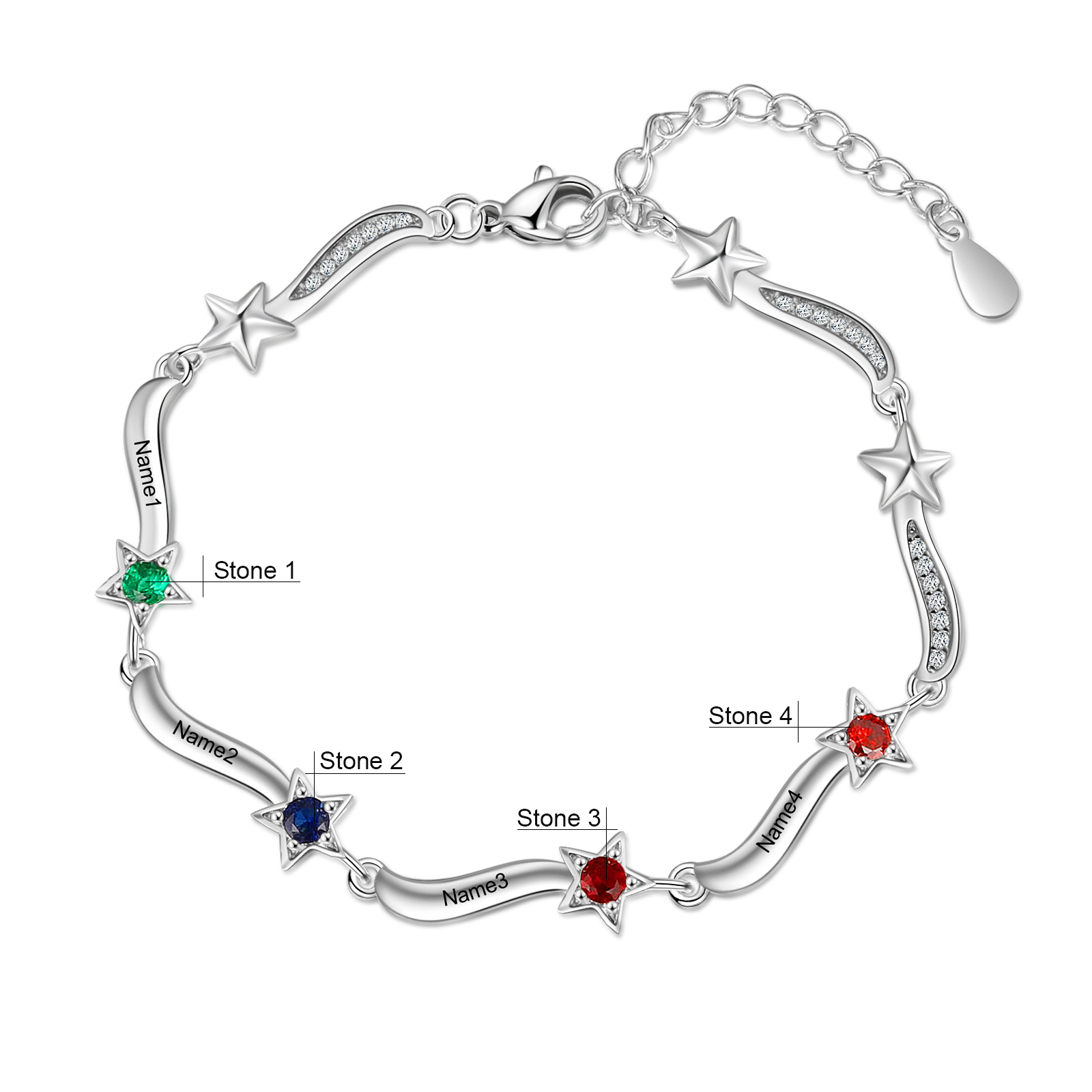 Pulsera Brazalete personalizada de 4 nombres y estrellas con 4 piedras de nacimiento-Jessemade ES
