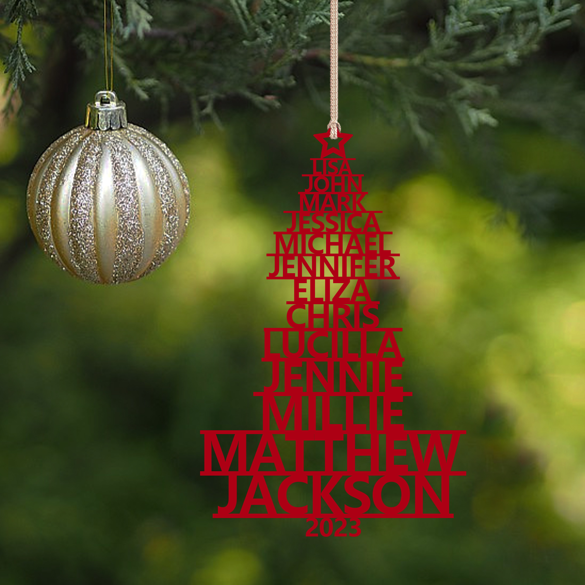 Navidad-Ornamento navideño de madera árbol de nombres con 13 nombres y año personalizados