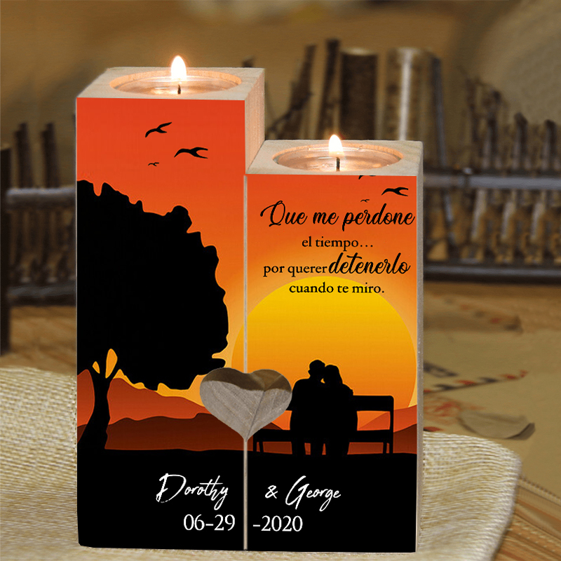 Candelero para pareja de madera de dos piezas sin candela con 2 nombres y fecha personalizados-Jessemade ES