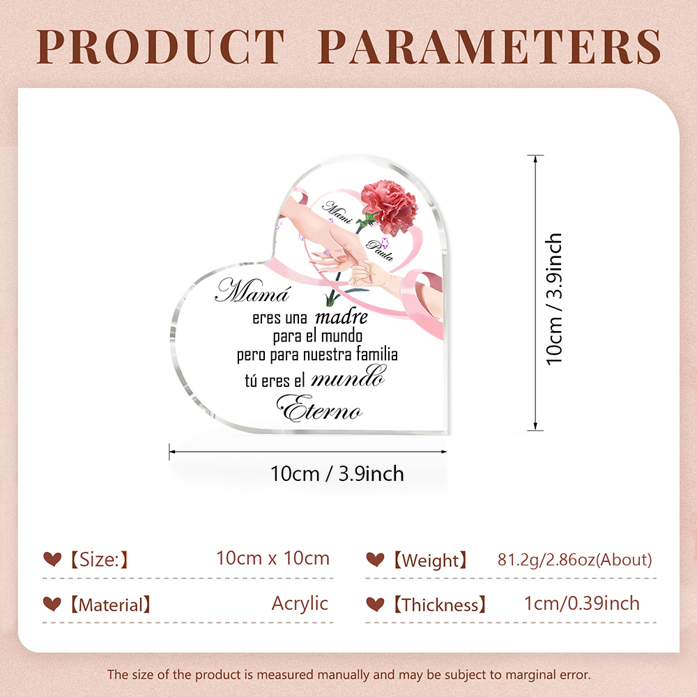 A mi mamá-Placa de acrílico en forma de corazón manos cogidas y frases amorosos 2 nombres personalizados-Jessemade ES