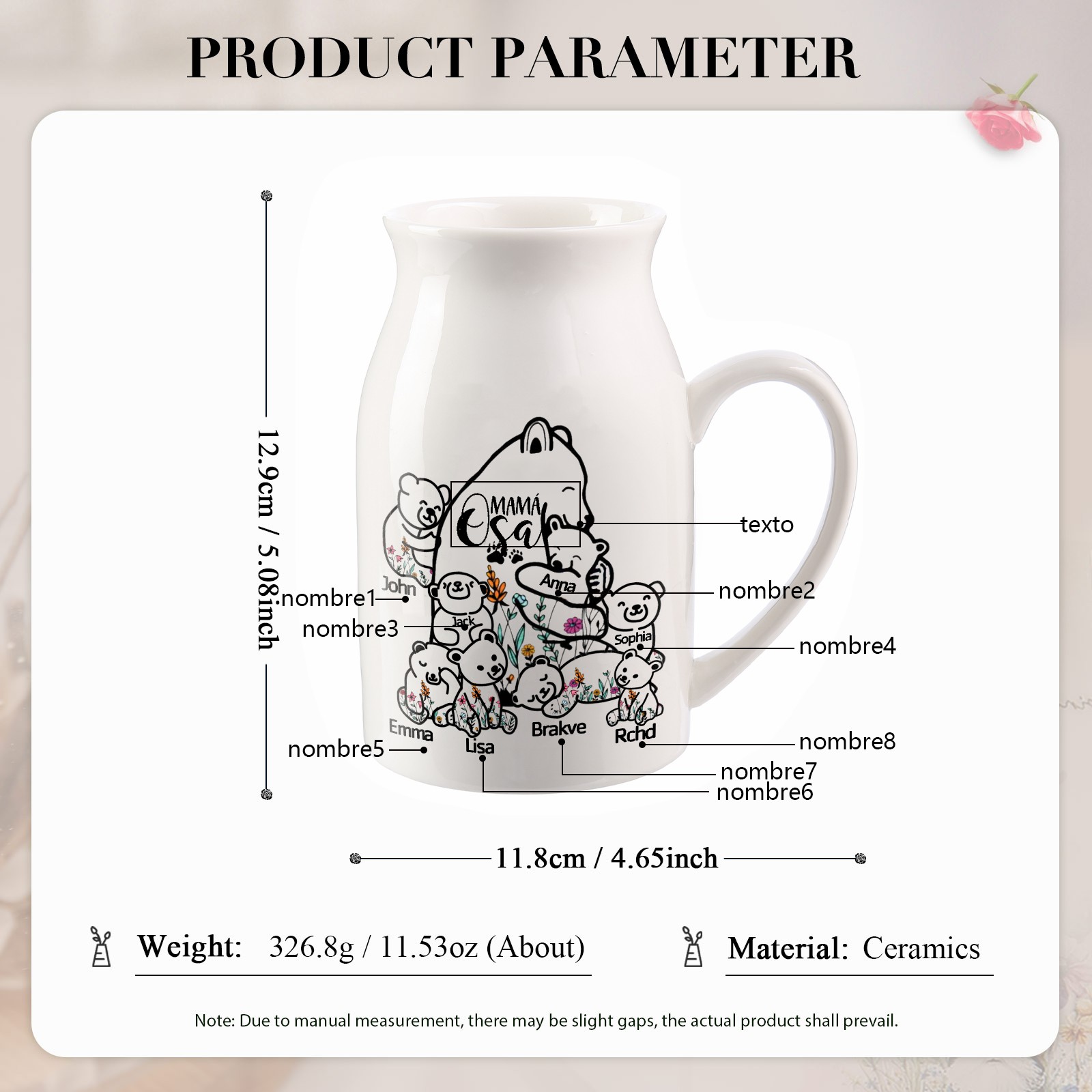 Florero de cerámica mamaosa y sus bebés 2-8 nombres personalizados con texto decoración del hogar-Jessemade ES