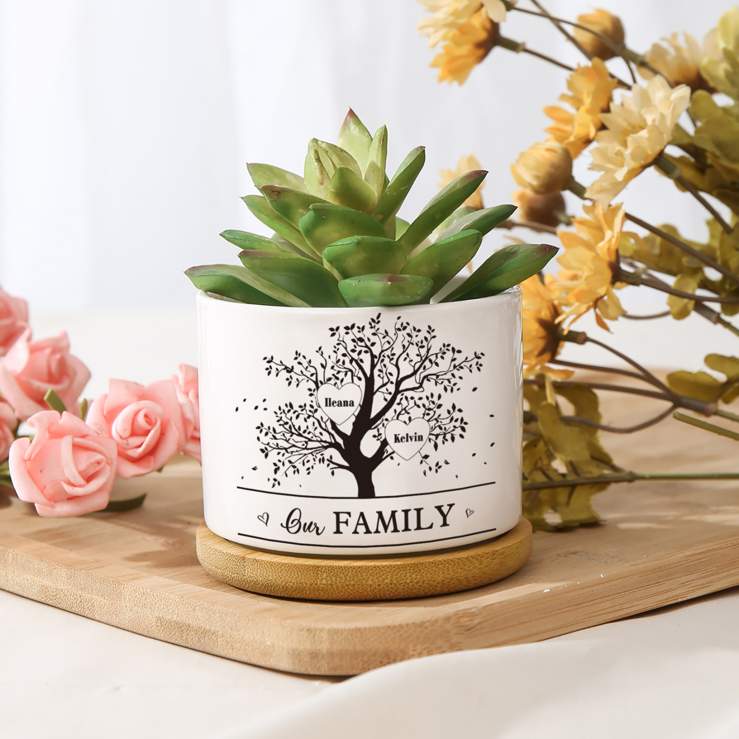 Florero con base de cerámica árbol de corazones 2-8 nombres personalizados con texto decoración del hogar-Jessemade ES
