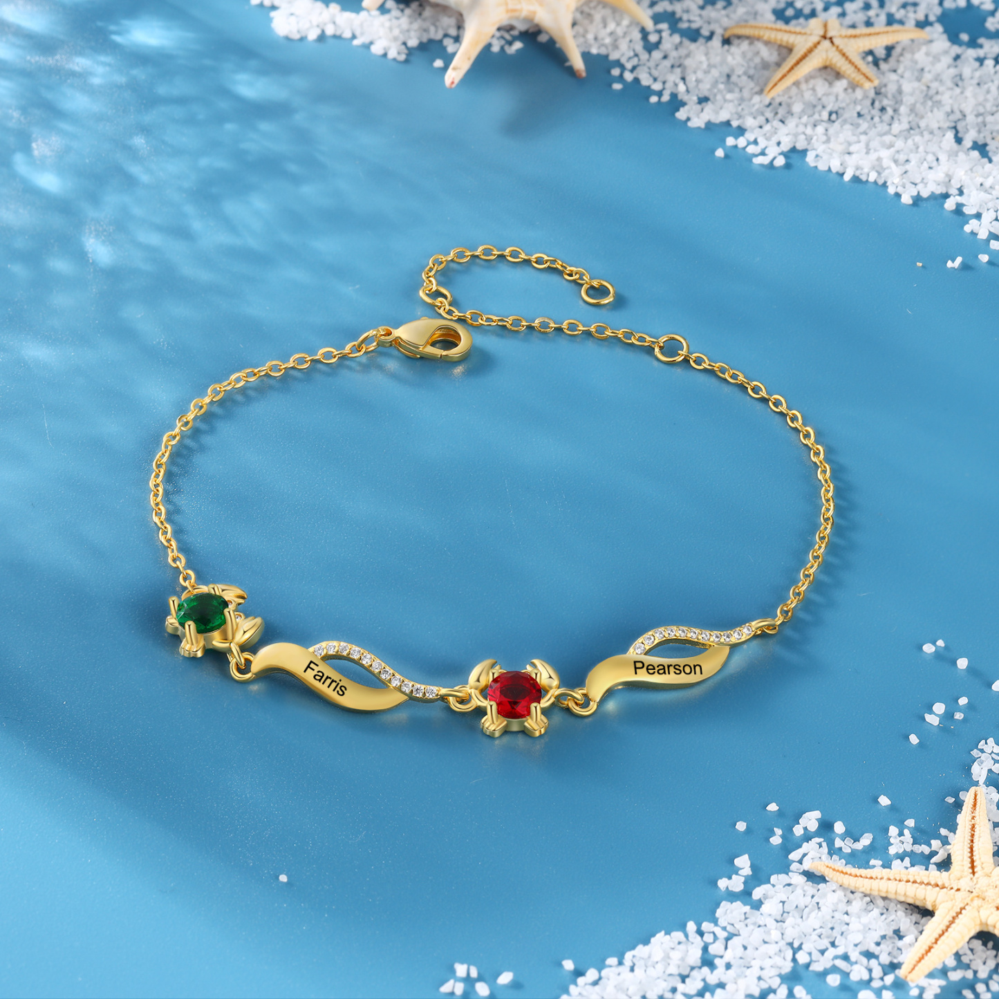 Pulsera con dije de cangrejo para mujer personalizada con 2 nombres y 2 piedras de nacimiento-Jessemade ES