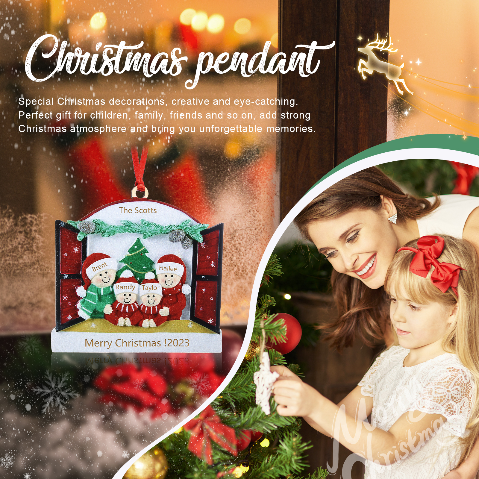 Navidad-Ornamento muñecos navideño de madera familia de 4 y 2 textos y año personalizados adorno del árbol-Jessemade ES