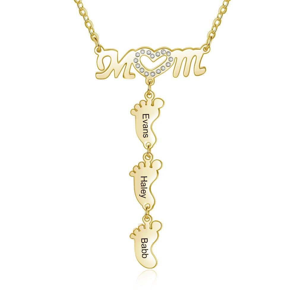 Collar "MoM" con colgante de huellas personalizadas con 3 nombres-Jessemade ES