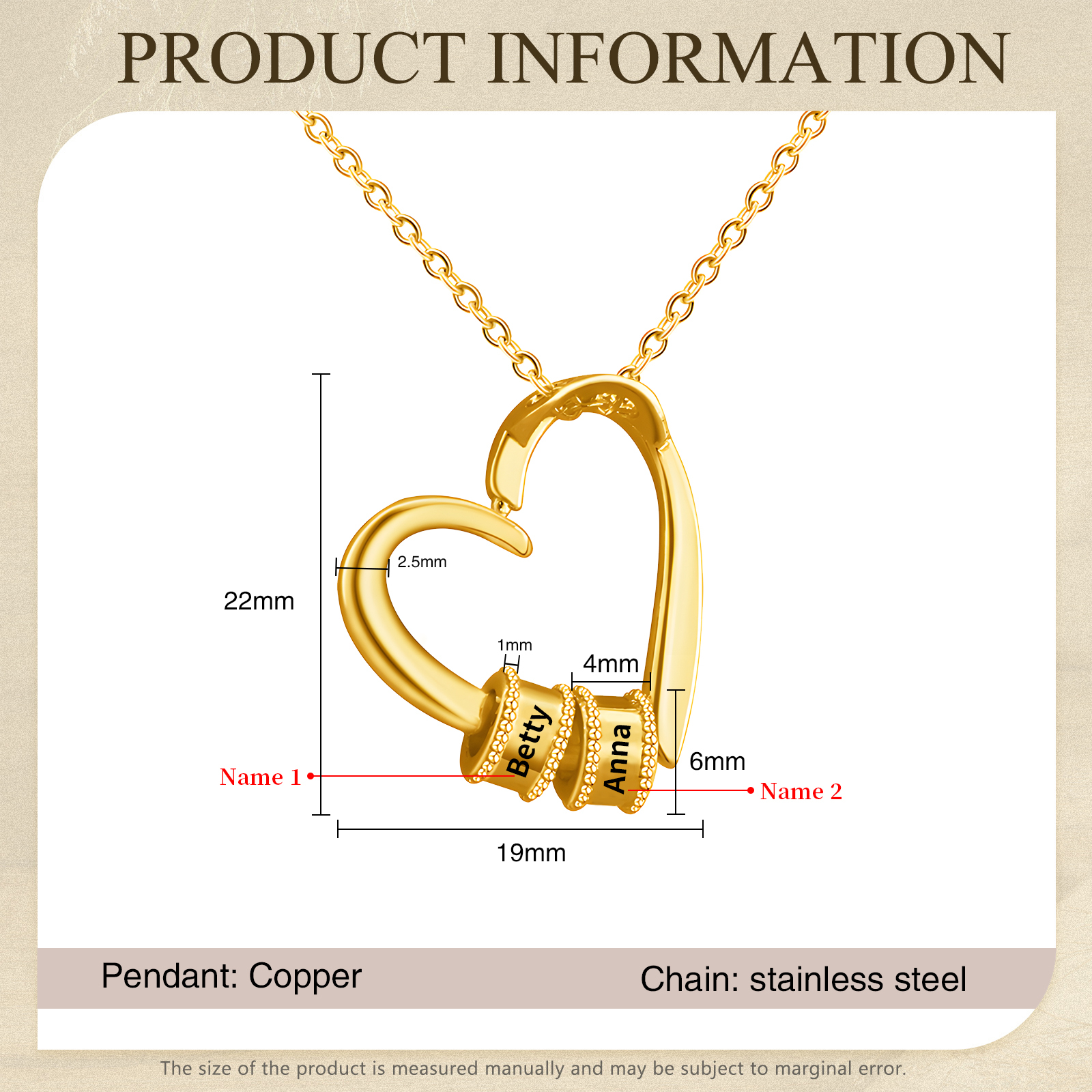 Collar colgante de corazón con 2 nombres personalizados en 2 aros-Jessemade ES
