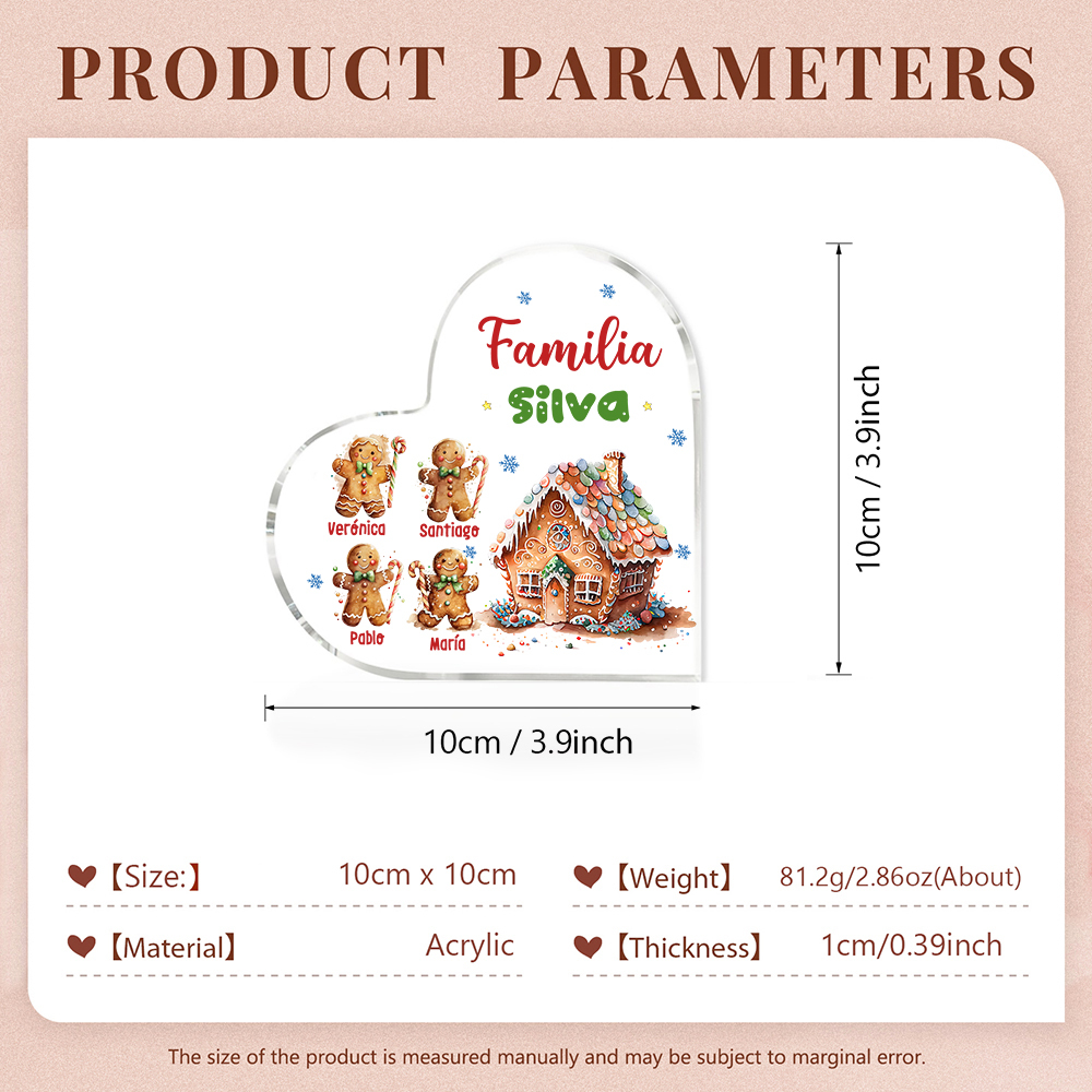 Navidad - Placa de acrílico en forma de corazón jengibres y su casa con 4 nombres y 1 texto personalizados-Jessemade ES