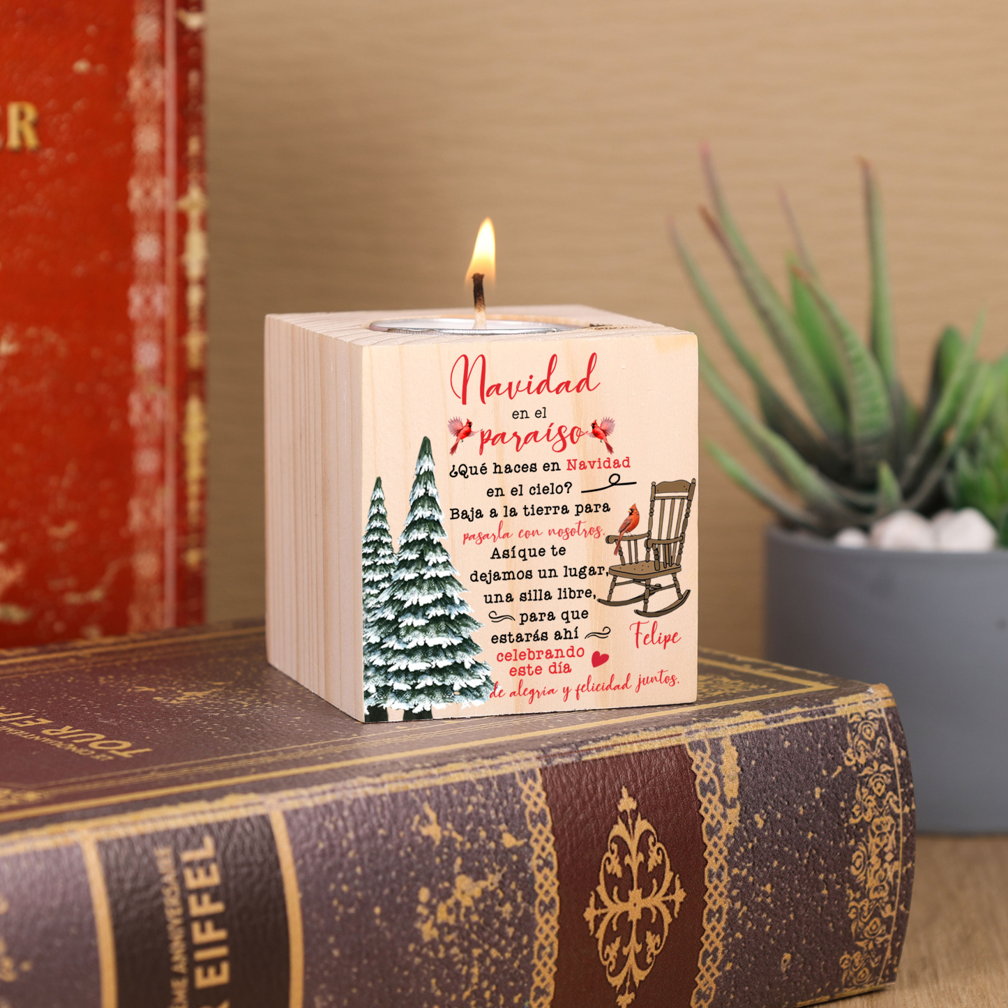 Navidad en el paraíso-Candelero en memoria de ser querido personalizado con nombre de madera sin vela-Jessemade ES