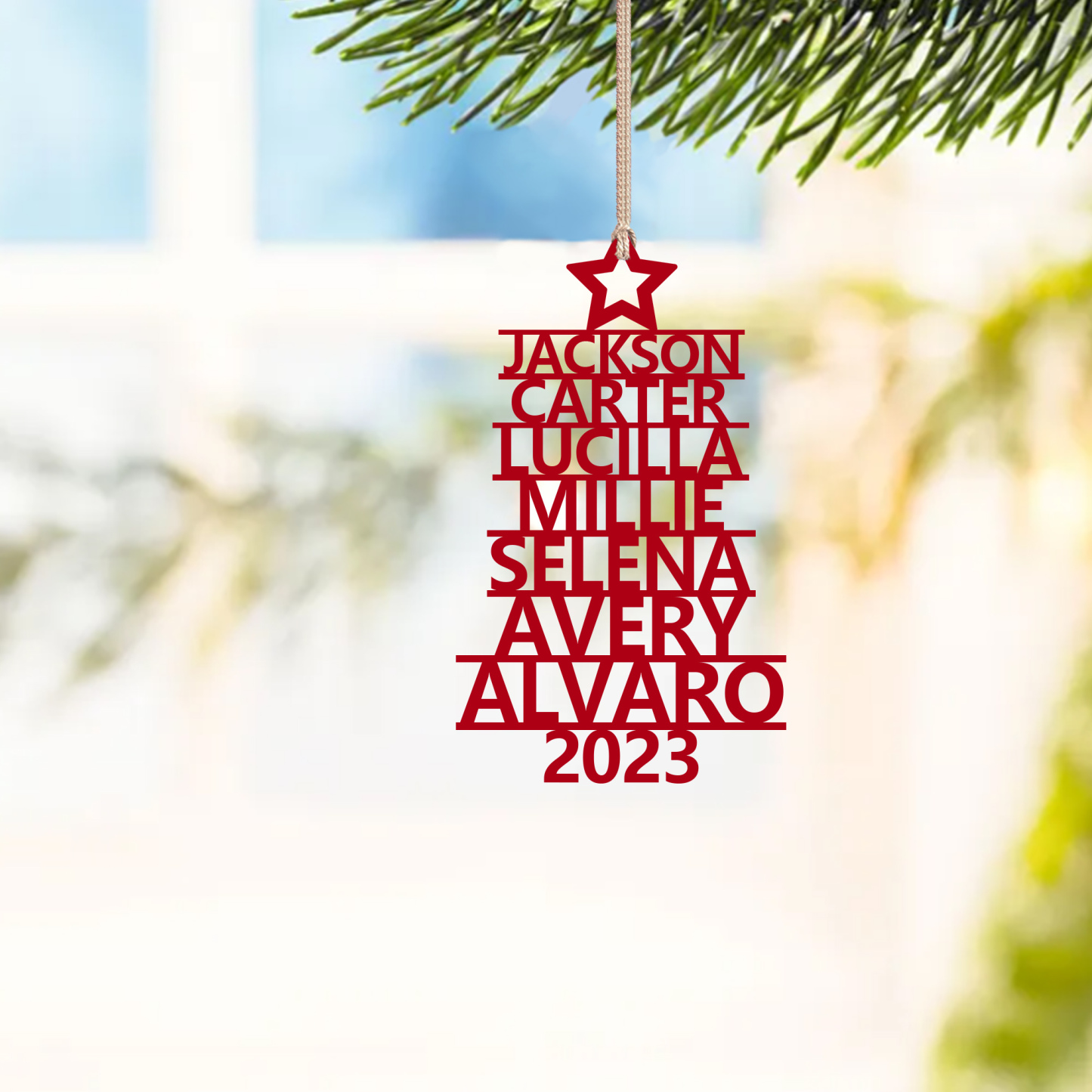 Navidad-Ornamento navideño de madera árbol de nombres con 7 nombres y año personalizados