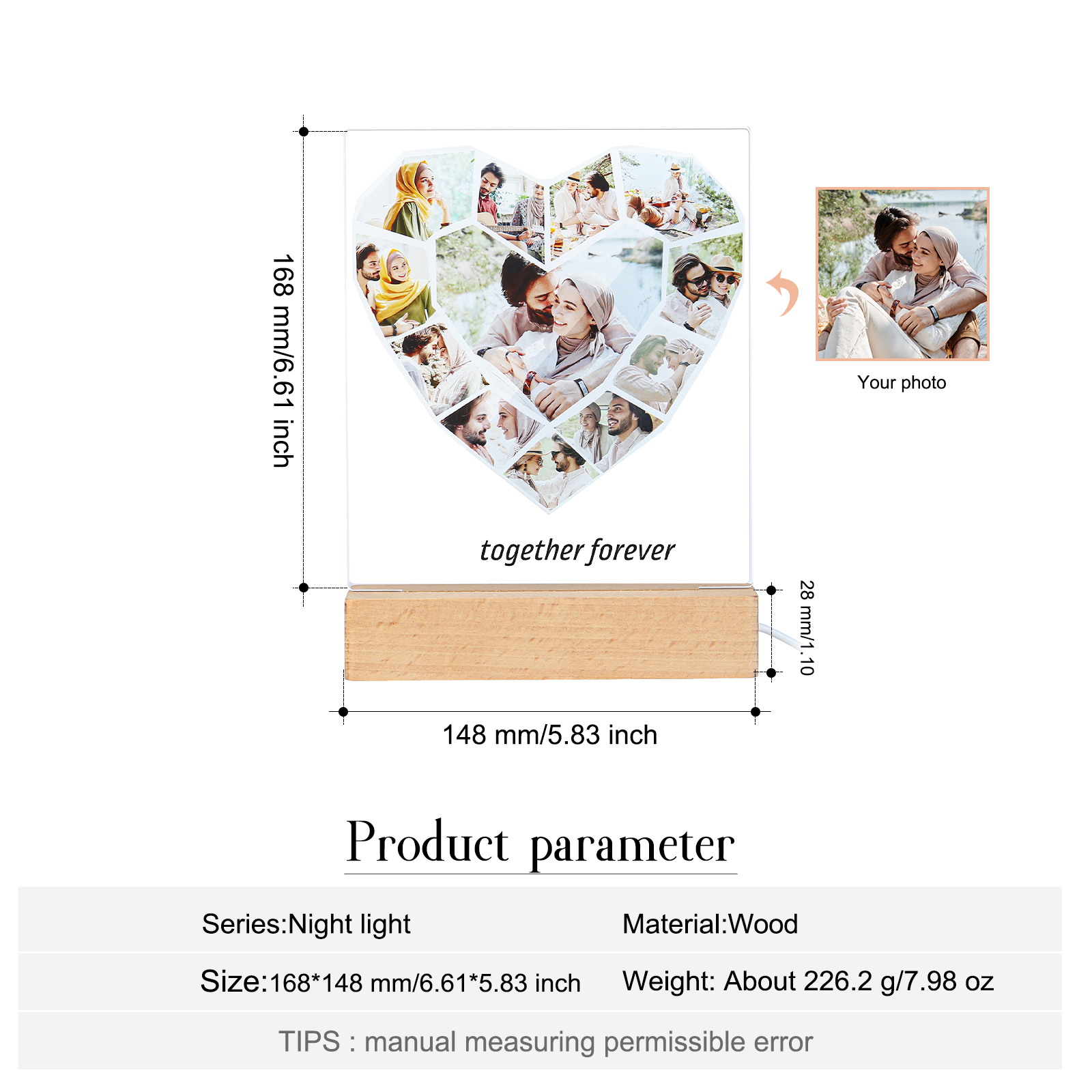 Lámpara 3D Ilusión Luz de noche LED en forma de corazón 12 Fotos con 1 texto