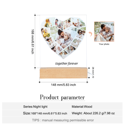 Lámpara 3D Ilusión Luz de noche LED en forma de corazón 12 Fotos con 1 texto