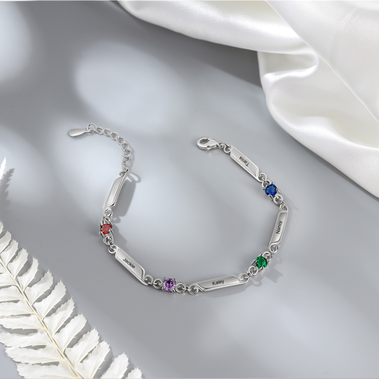 Pulsera de lazos y placitas personalizada de 4 nombres con 4 piedras de nacimiento-Jessemade ES