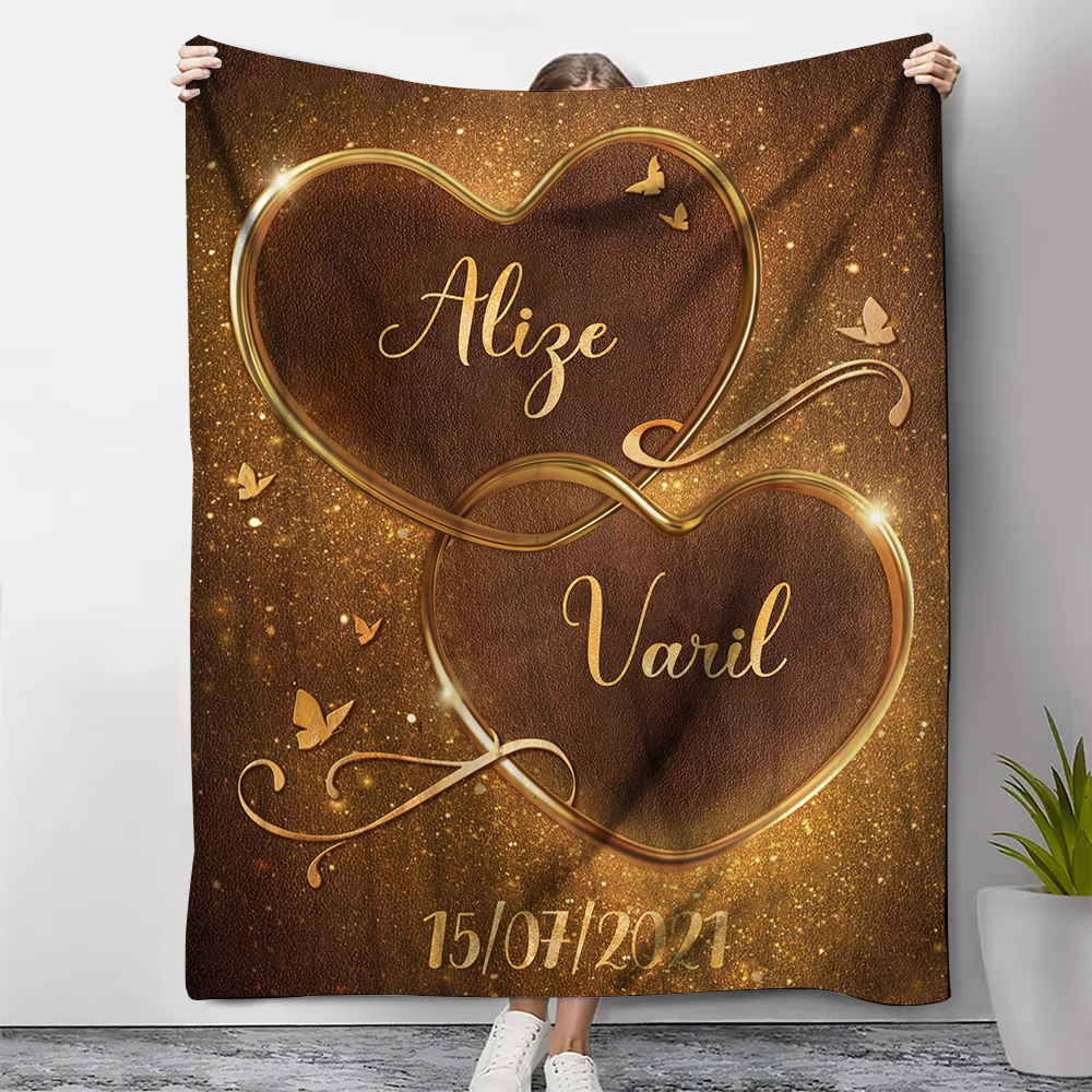Pareja-Manta de buen calidad de corazón con corazón personalizada con nombres y fecha-Jessemade ES