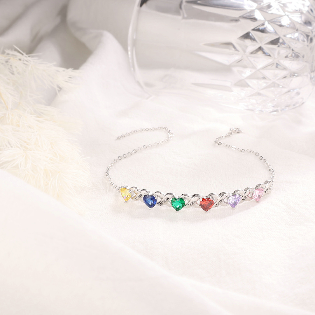 Pulsera infinito personalizada con 6 nombres y 6 piedras de nacimiento de corazón-Jessemade ES