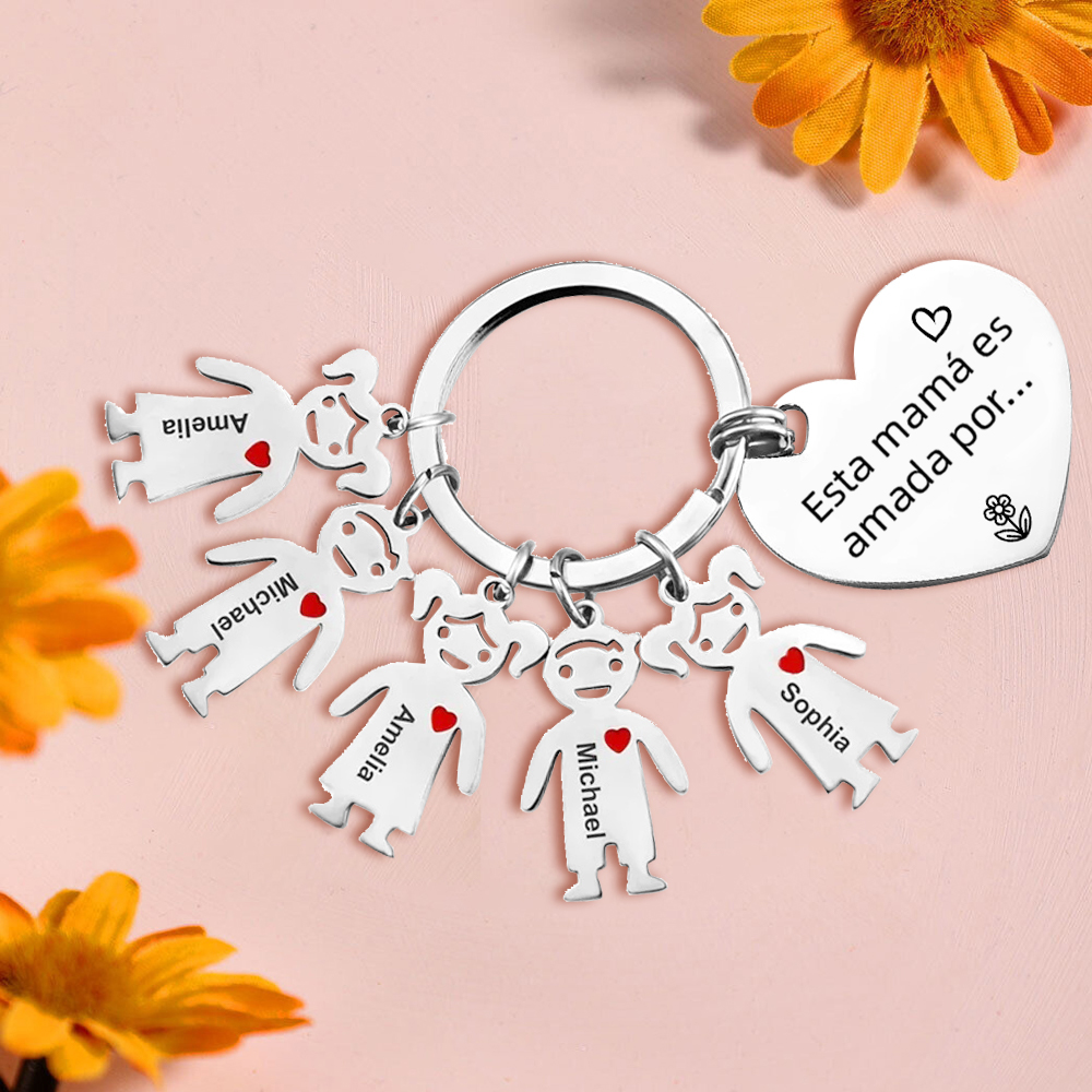 A mi mamá - Kit de regalo de cartera, llavero con "5 niños", tarjeta y caja nombre y flor de nacimiento personalizados | Jessemade