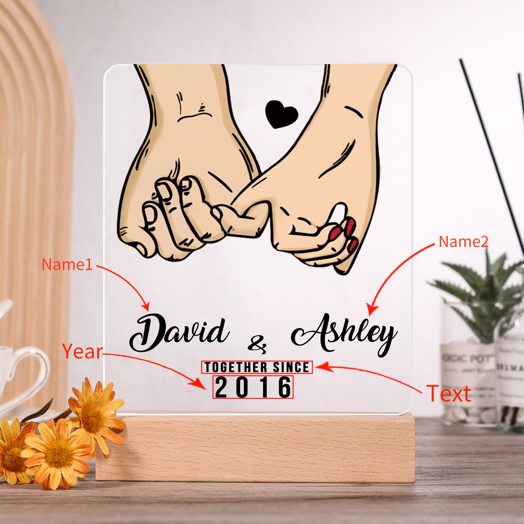 Lámpara dedos cogidos para pareja 3D Ilusión Luz de Noche LED 2 nombres, texto y año personalizados -Jessemade ES