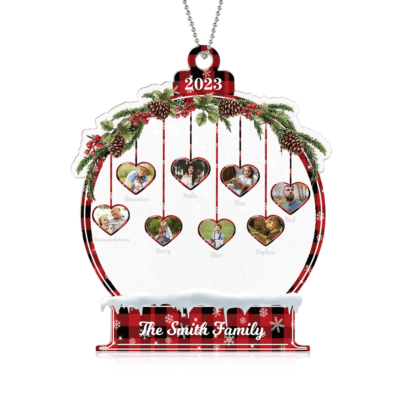 Navidad-Ornamento navideño de acrílico bola de cristal con 8 nombres, 8 fotos y 1 texto personalizados-Jessemade ES