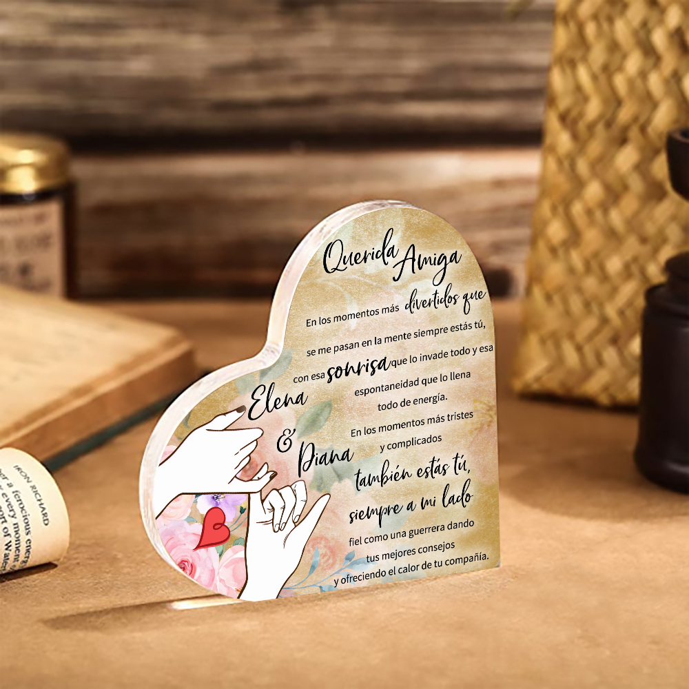 Placa de acrílico en forma de corazón para amiga con 2 nombres personalizados-Jessemade ES