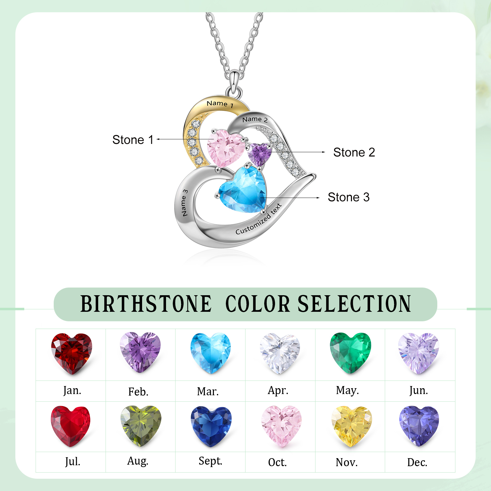 Collar corazón con 3 nombres, 1 texto y 3 piedras de nacimiento personalizados-Jessemade ES