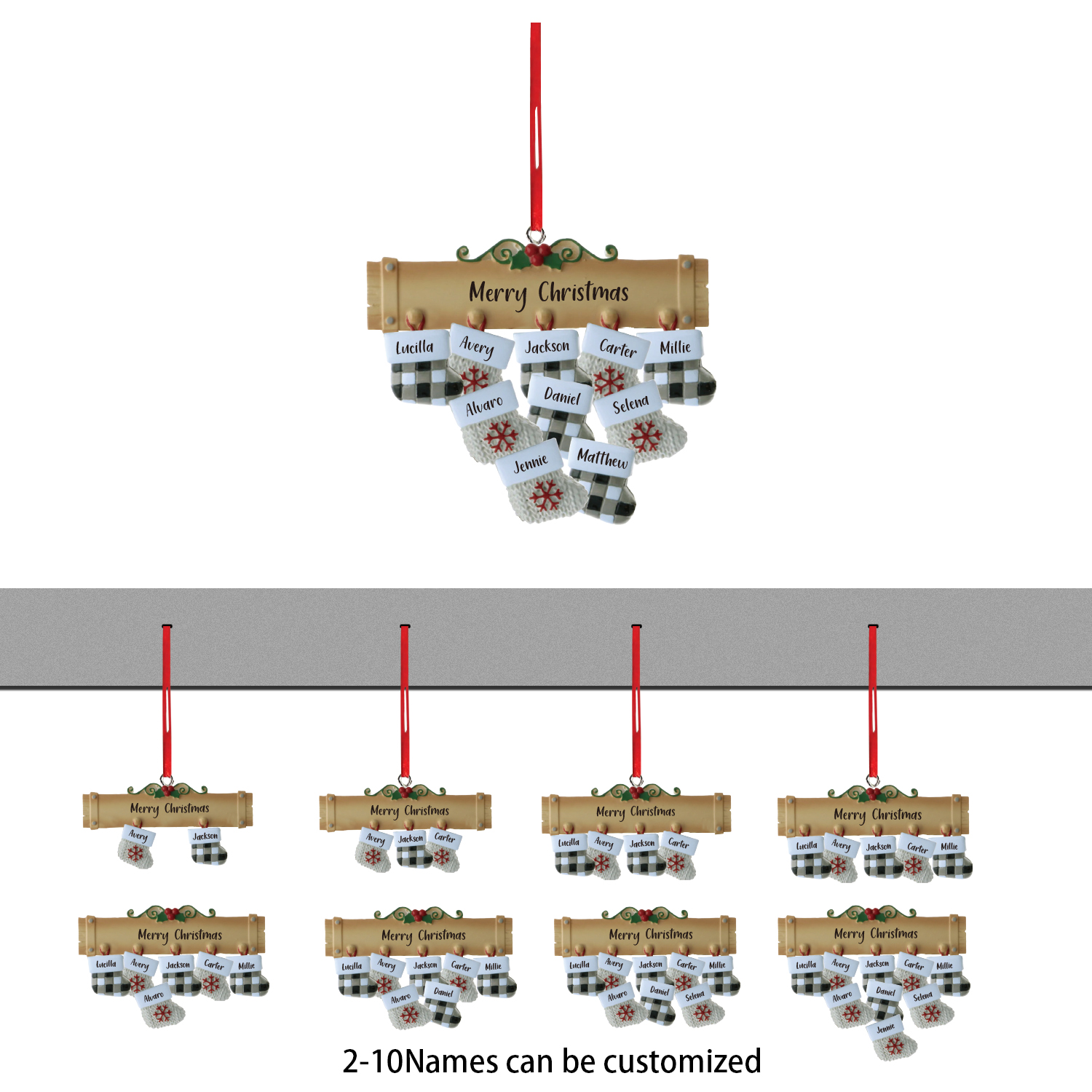 Navidad-Ornamento muñecos navideño de madera calcetines 2 nombres y 1 texto personalizados adorno del árbol-Jessemade ES