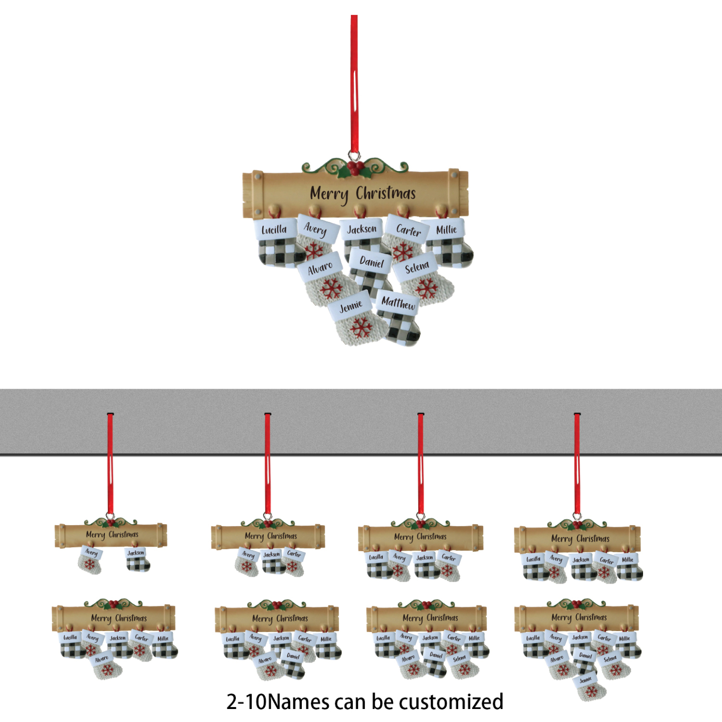 Navidad-Ornamento muñecos navideño de madera calcetines 2 nombres y 1 texto personalizados adorno del árbol-Jessemade ES