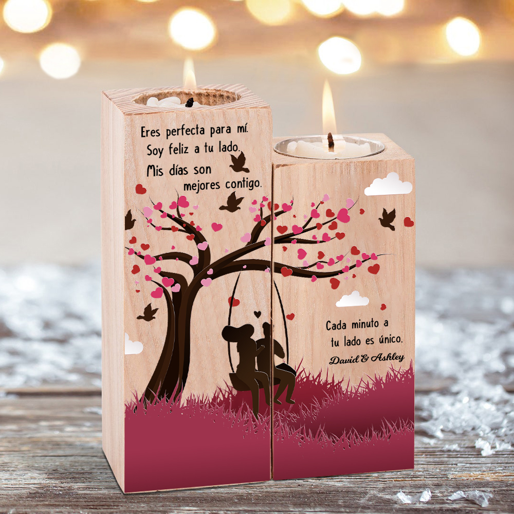 Candelero de siluetas de pareja de madera de dos piezas sin candela con 1 texto personalizado-Jessemade ES