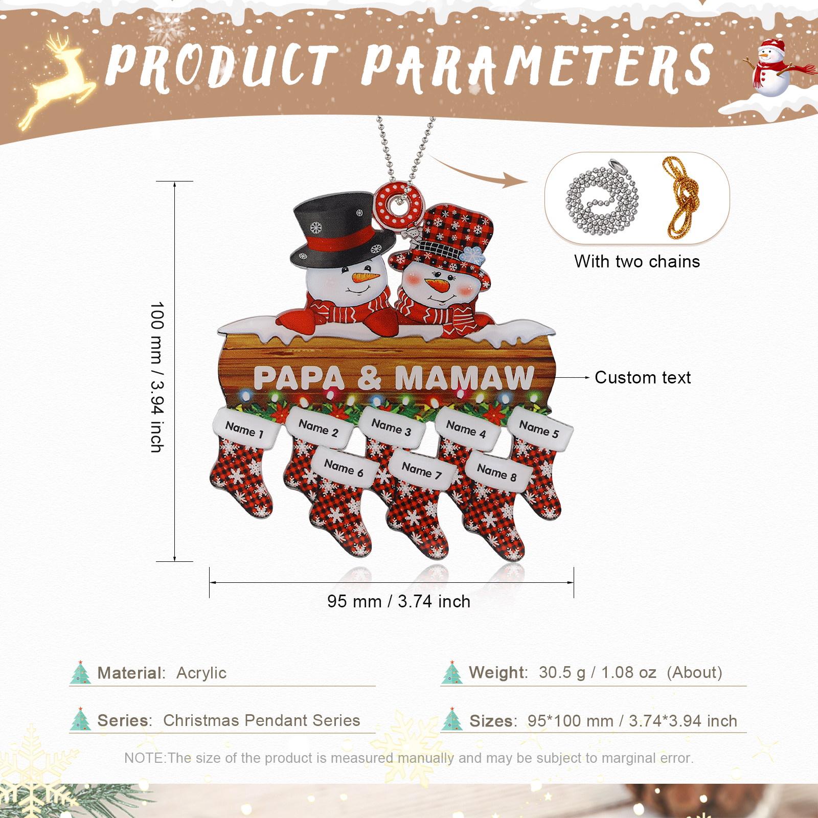 Navidad-Ornamentos Navideños de Acrílico Muñecos de Nieve 8 Nombres con Texto Personalizados