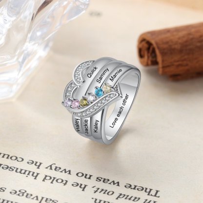 Anillo Plata 925 de corazón personalizado con 6 nombres y 6 piedras de nacimiento con 1 texto