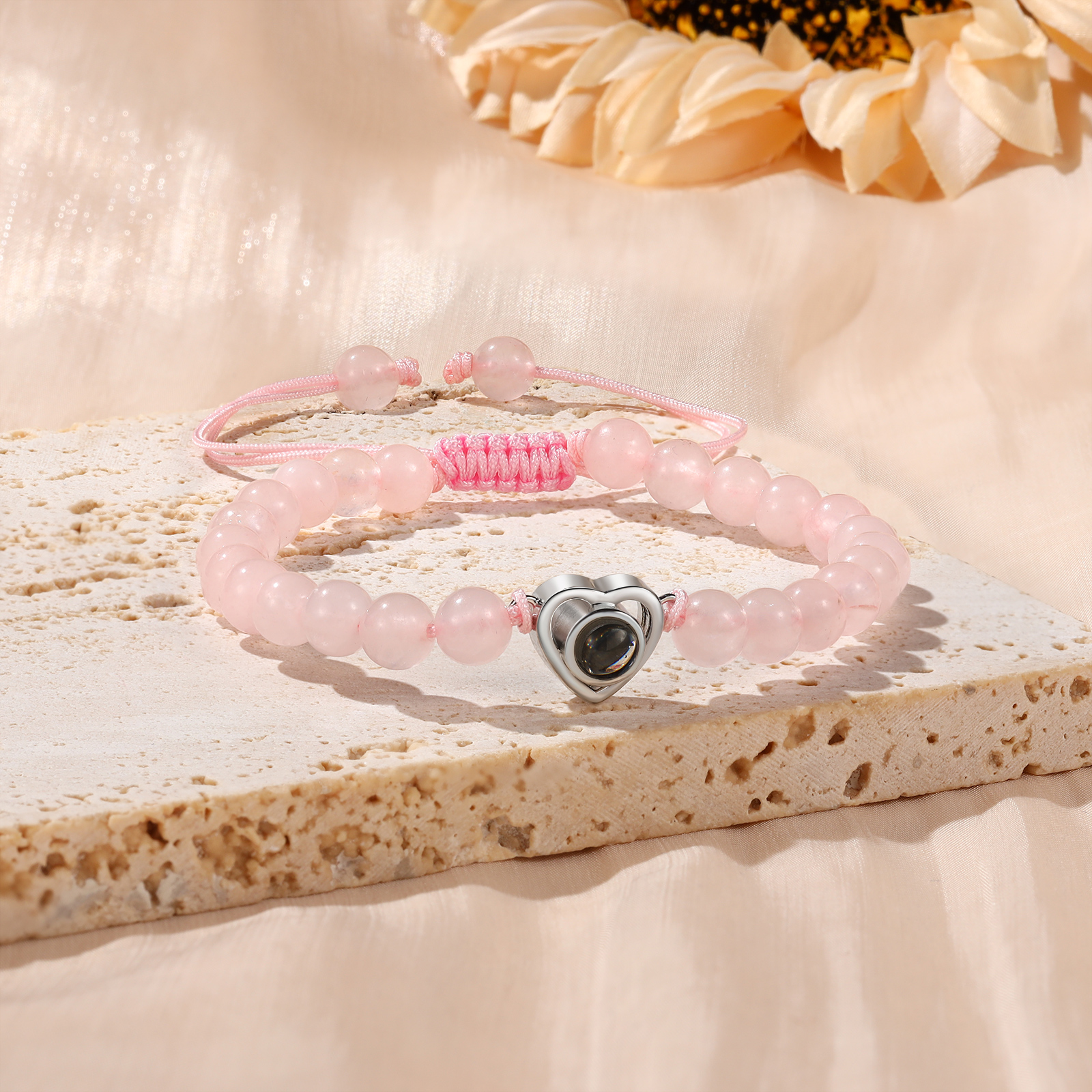 Pulsera con proyección de foto en color con dije de corazón y 8 colores de perlas de cristal-Jessemade ES