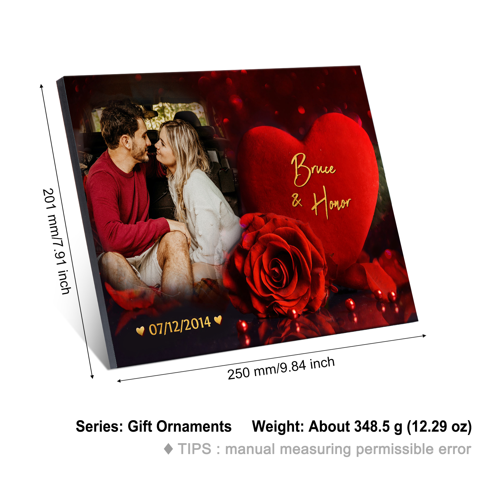 Lámina "rosa y corazón" marco de madera para pareja 2 nombres personalizados con fecha y foto-Jessemade ES