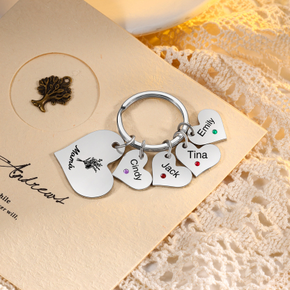 A mi mamá/abuela - Llavero con 4 nombres y piedras de nacimiento personalizados en corazones con texto y flor-Jessemade ES