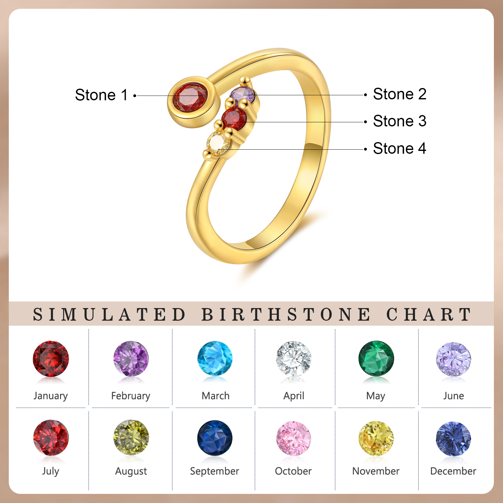 Anillo personalizado con 2-5 piedras de nacimiento anillo ajustable-Jessemade ES