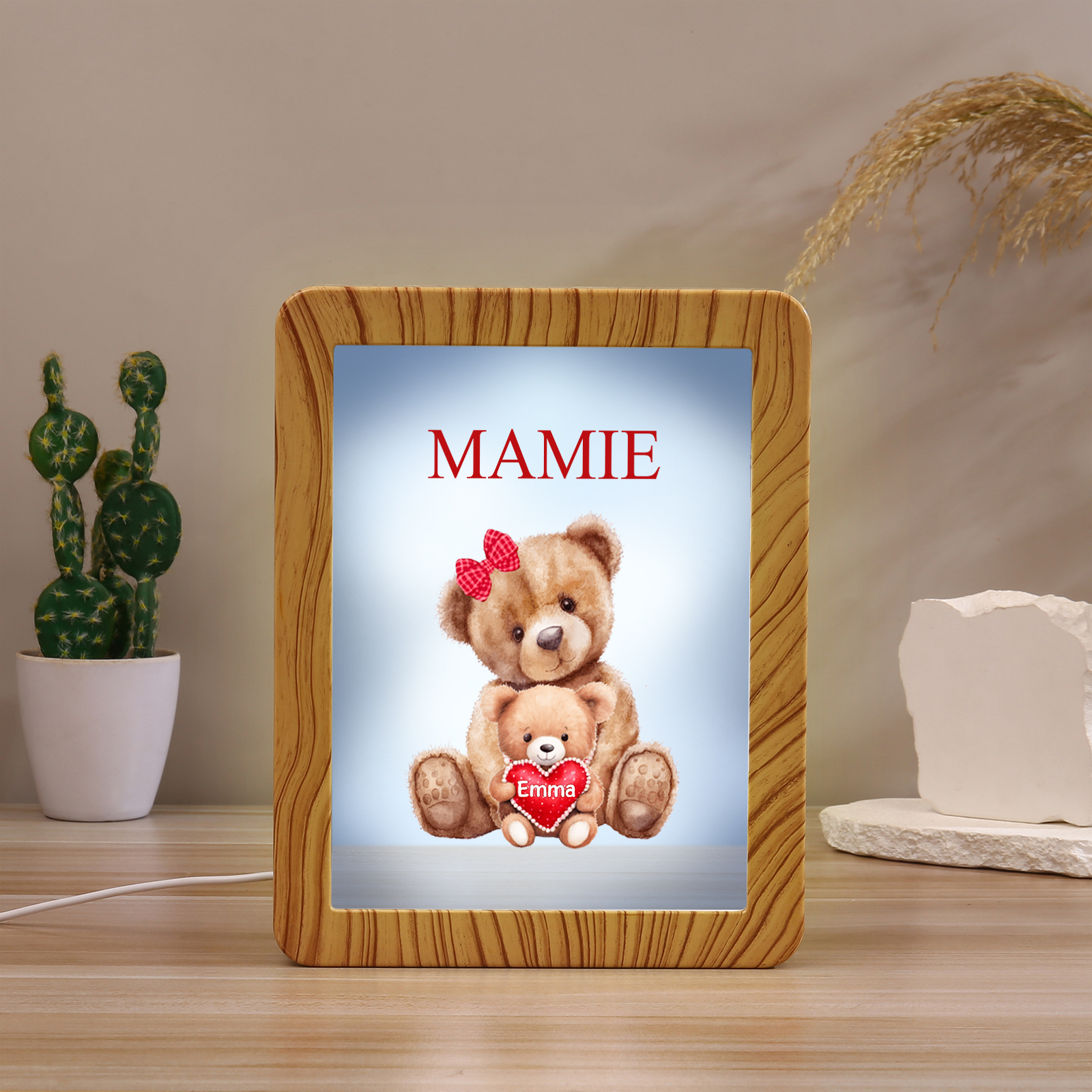 Marco/Espejo con LED Multifuncional Familia de Osos 1-4 Nombres Personalizados con 1 Texto-Jessemade ES